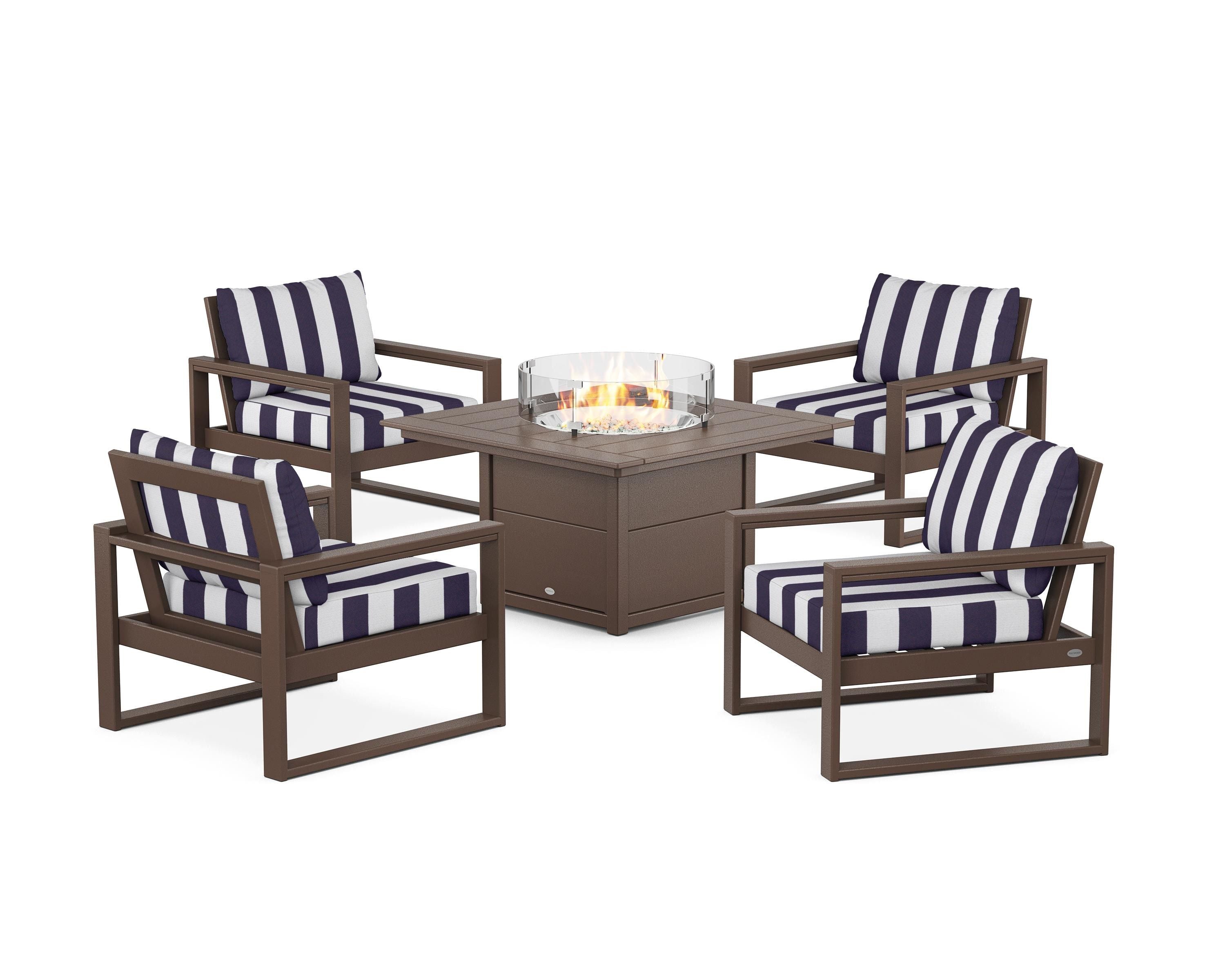 POLYWOOD® EDGE Sectional 5-Piece Deep Seating Set with Fire Pit Table in Mahogany / Cabana Stripe Navy