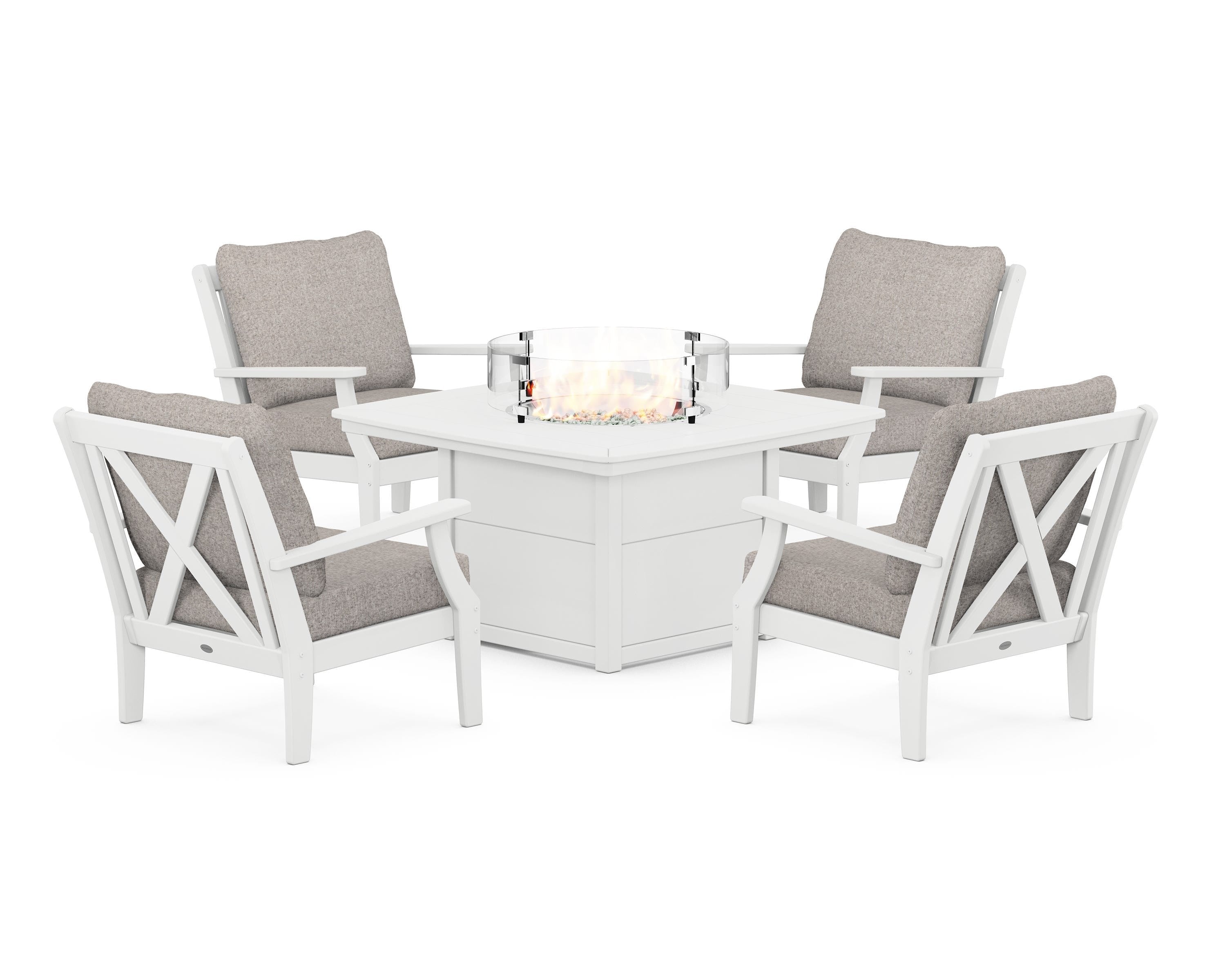 POLYWOOD® Braxton 5-Piece Deep Seating Conversation Set with Fire Pit Table in White / Weathered Tweed