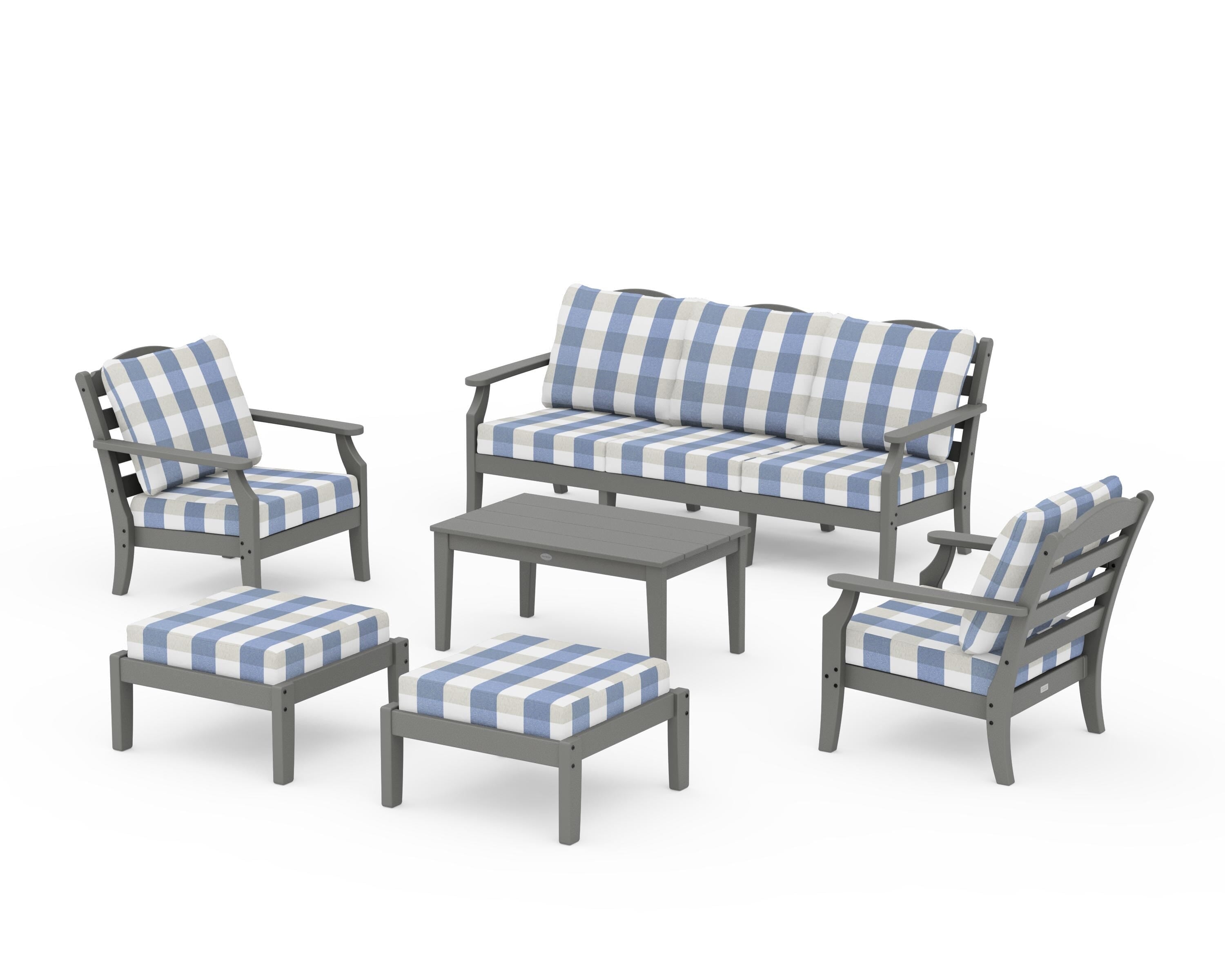 Draper James™ by POLYWOOD® Savannah 6-Piece Lounge Sofa Set in Slate Grey / Buffalo Plaid Sky Blue