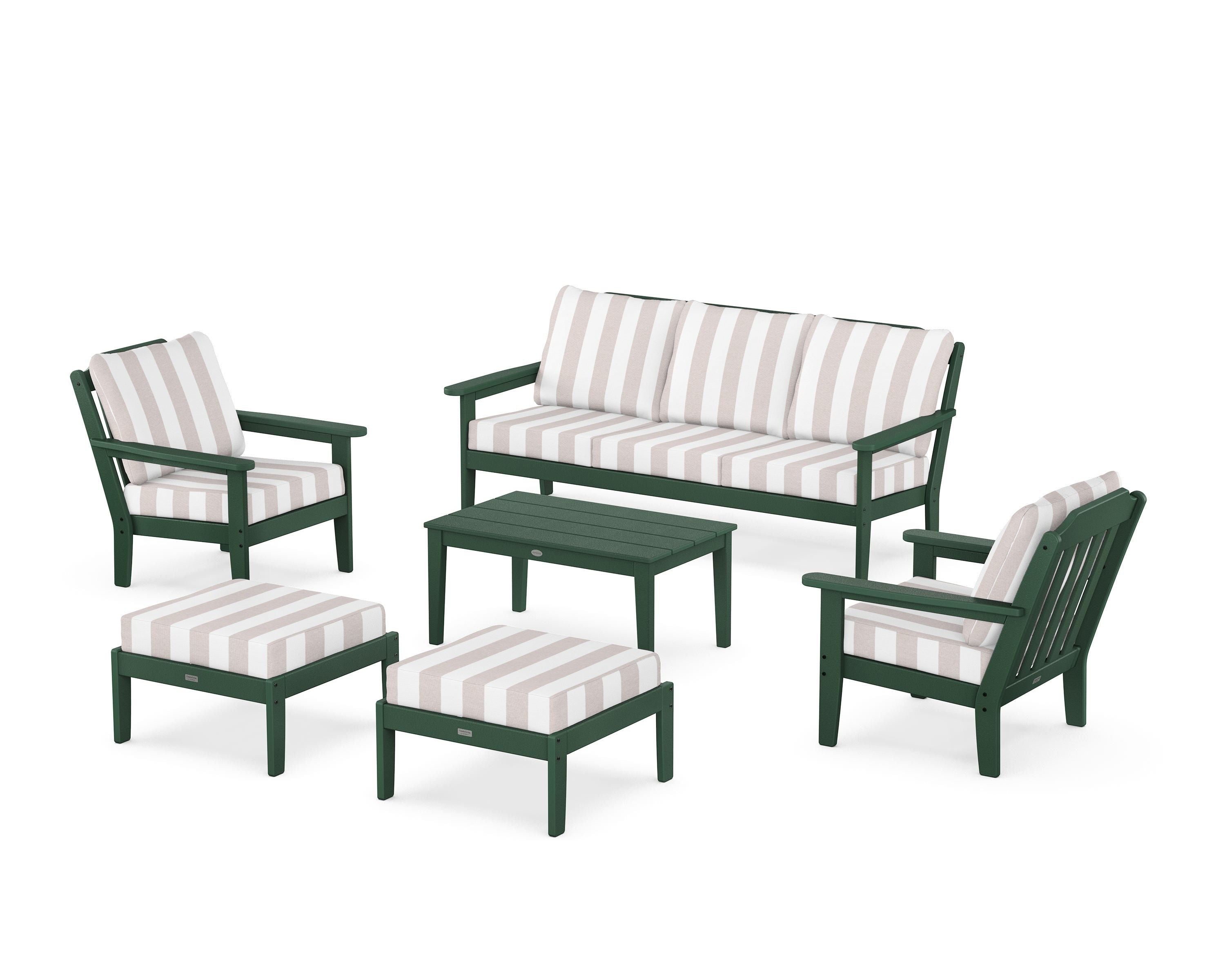 Country Living Cottage 6-Piece Lounge Sofa Set in Green / Cabana Stripe Dune Burlap