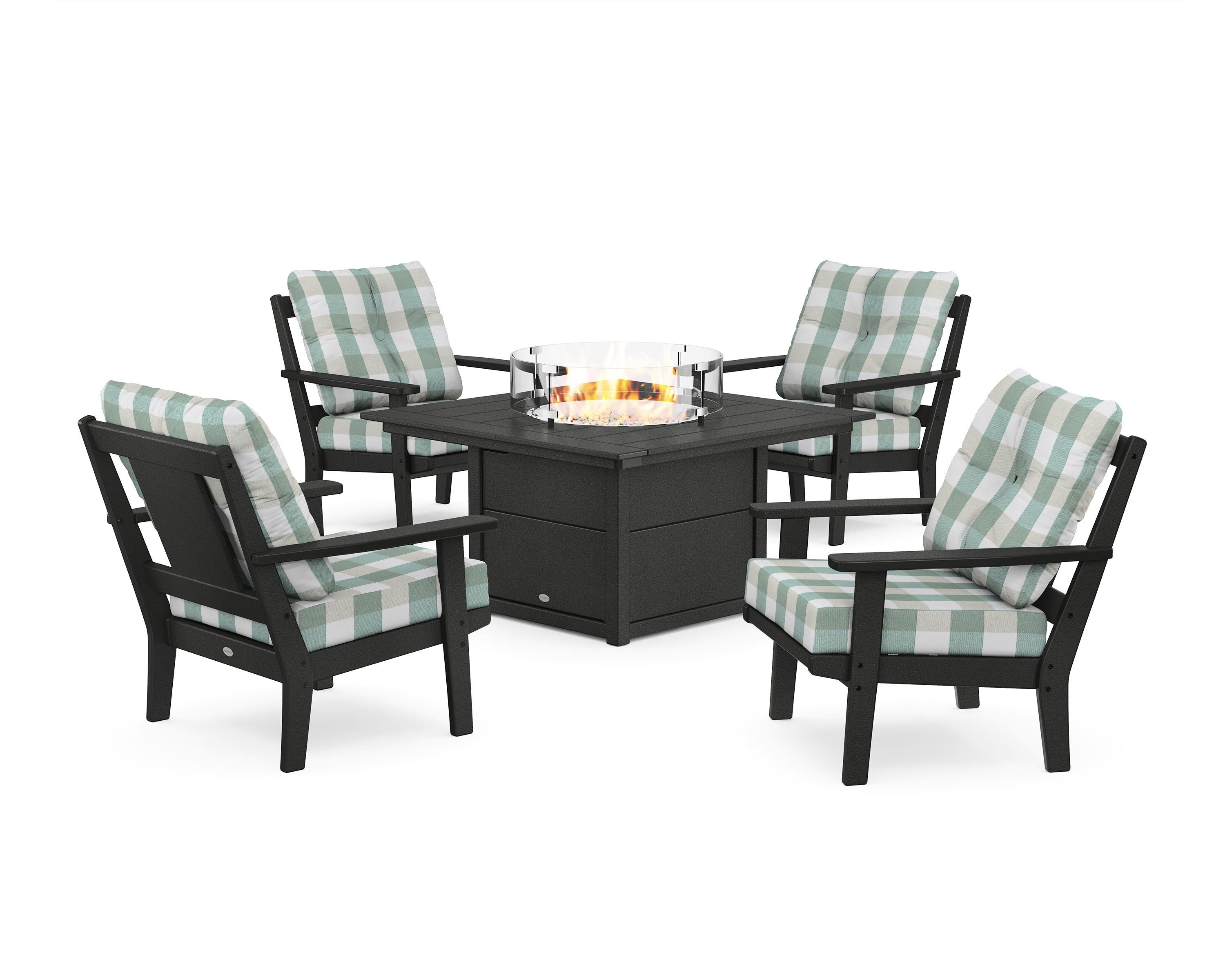 POLYWOOD® Prairie 5-Piece Deep Seating Set with Fire Pit Table in Black / Buffalo Plaid Glacier Spa