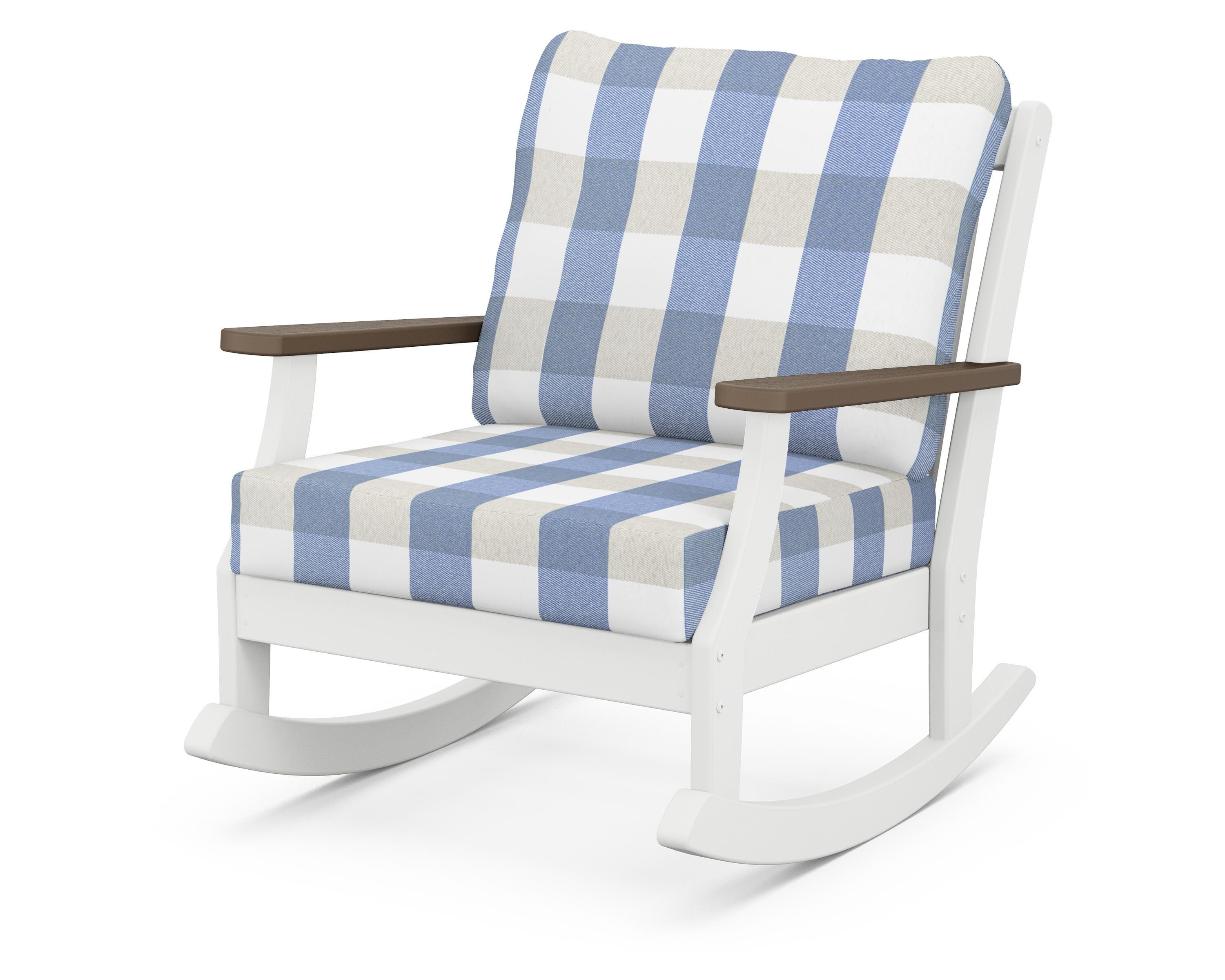 POLYWOOD® Braxton Deep Seating Rocking Chair in White / Kona / Buffalo Plaid Sky Blue
