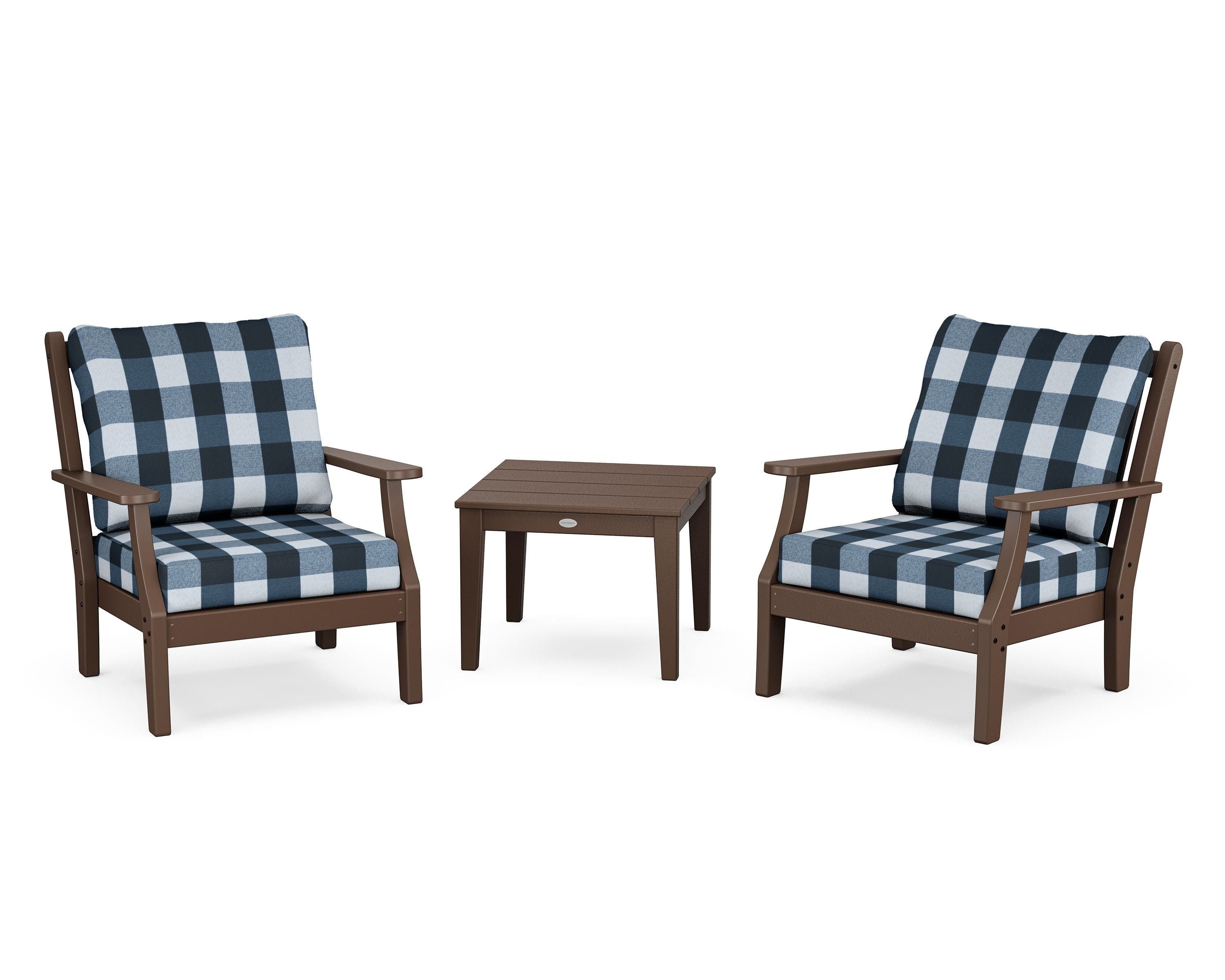 Country Living Wovendale 3-Piece Deep Seating Set in Mahogany / Buffalo Plaid Marine Indigo