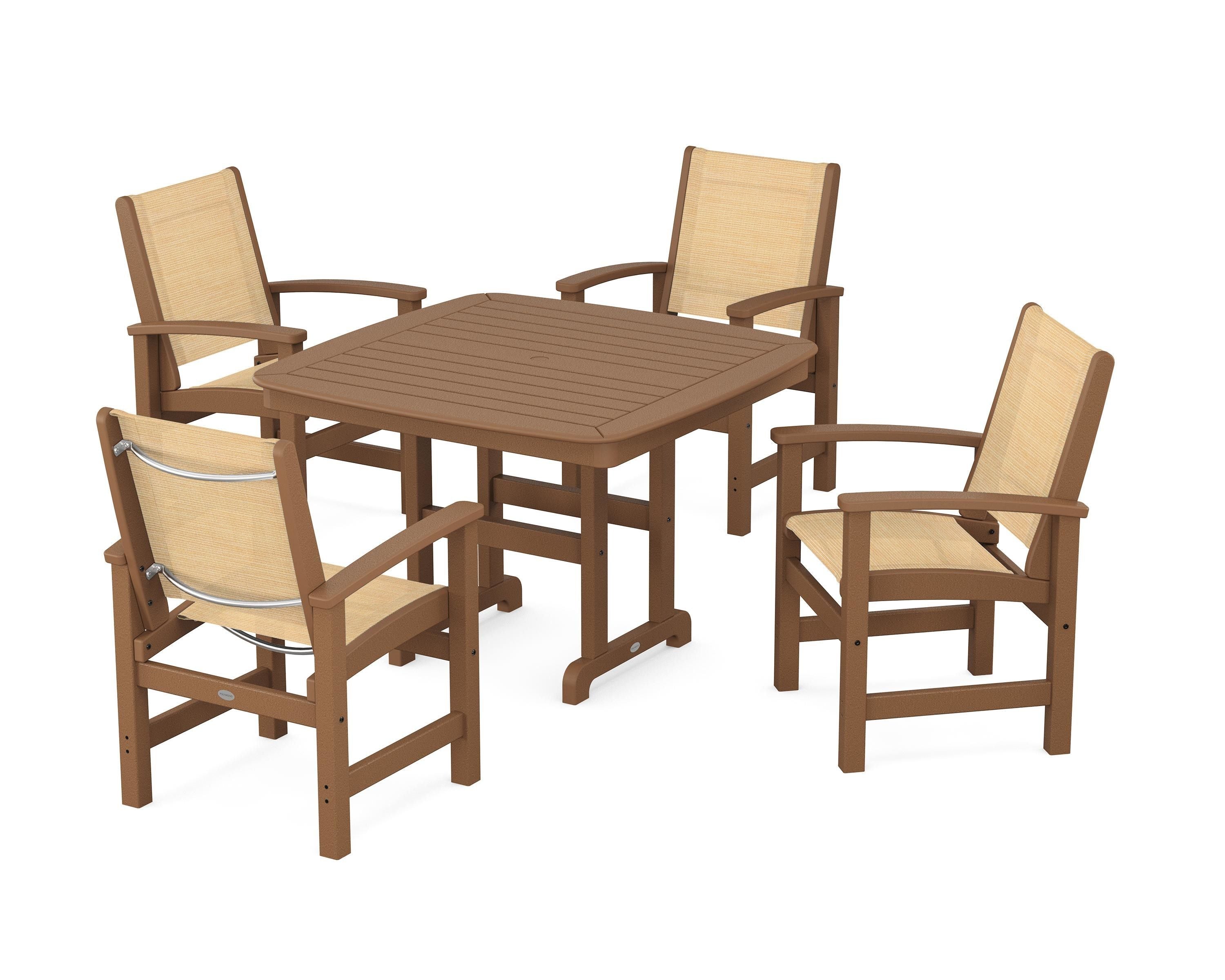 POLYWOOD® Coastal 5-Piece Dining Set in Teak / Dupioni Apricot Sling
