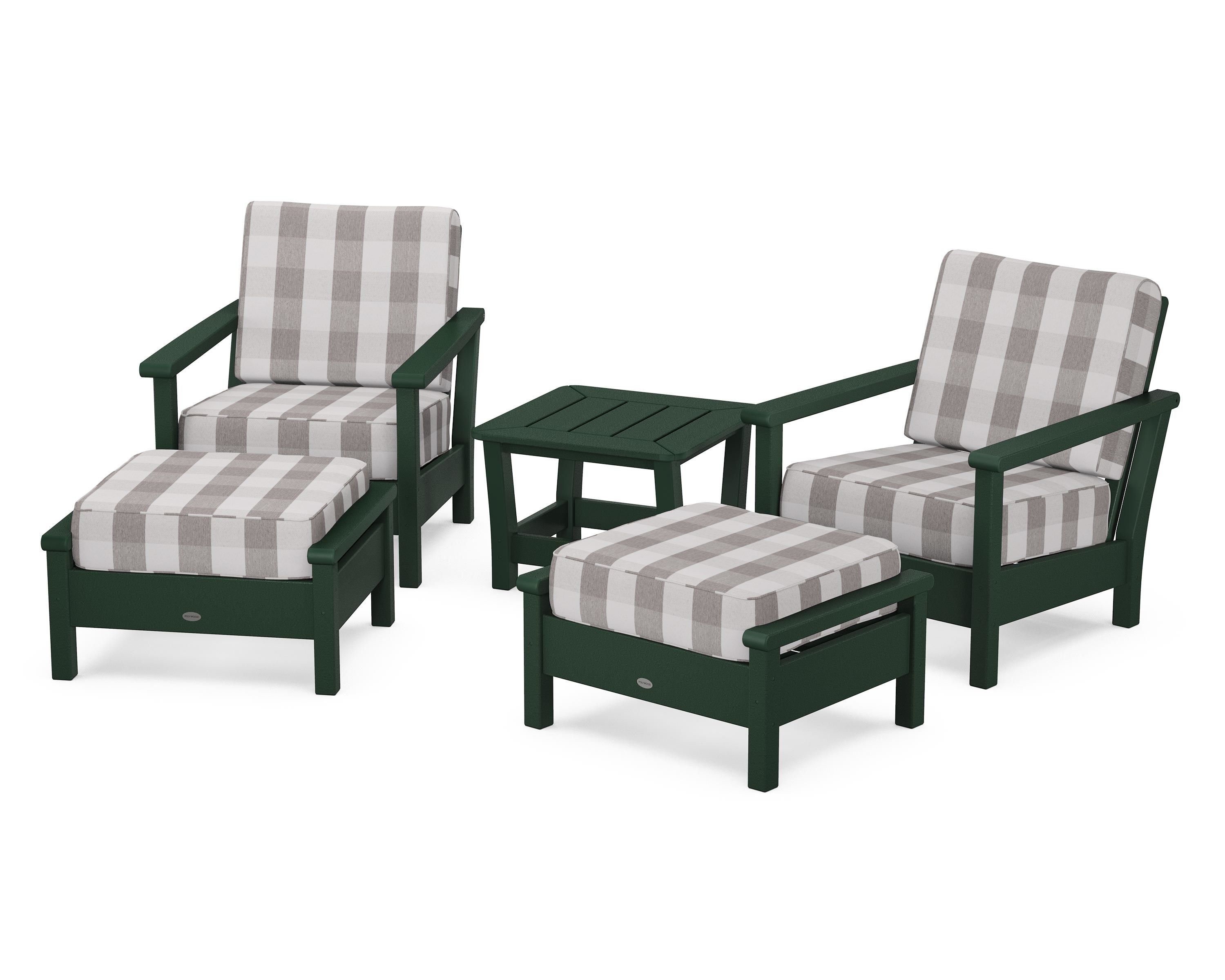 POLYWOOD® Harbour 5-Piece Deep Seating Chair Set in Green / Buffalo Plaid Grey Mist