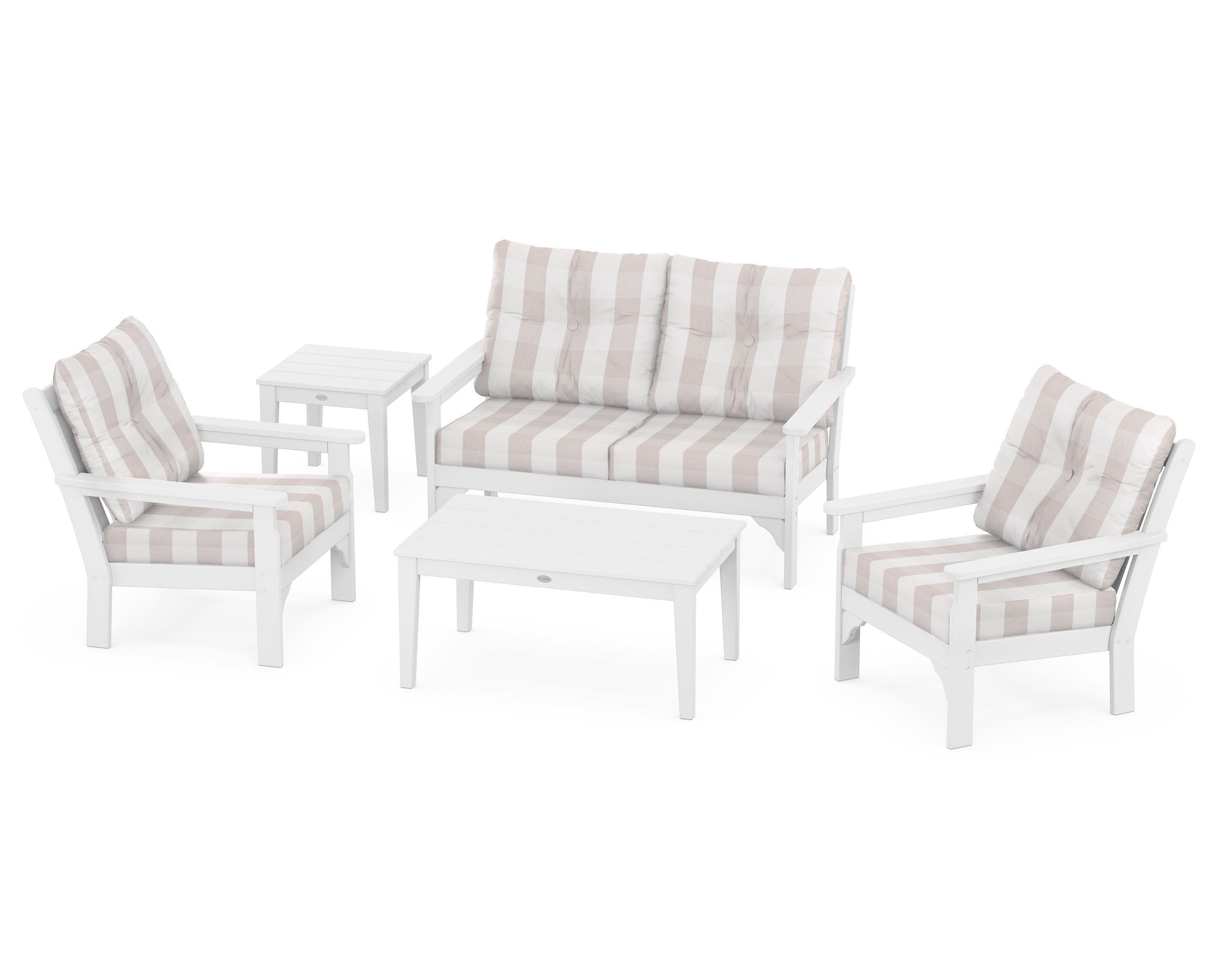 POLYWOOD® Vineyard 5-Piece Deep Seating Set in White / Buffalo Plaid Dune Burlap
