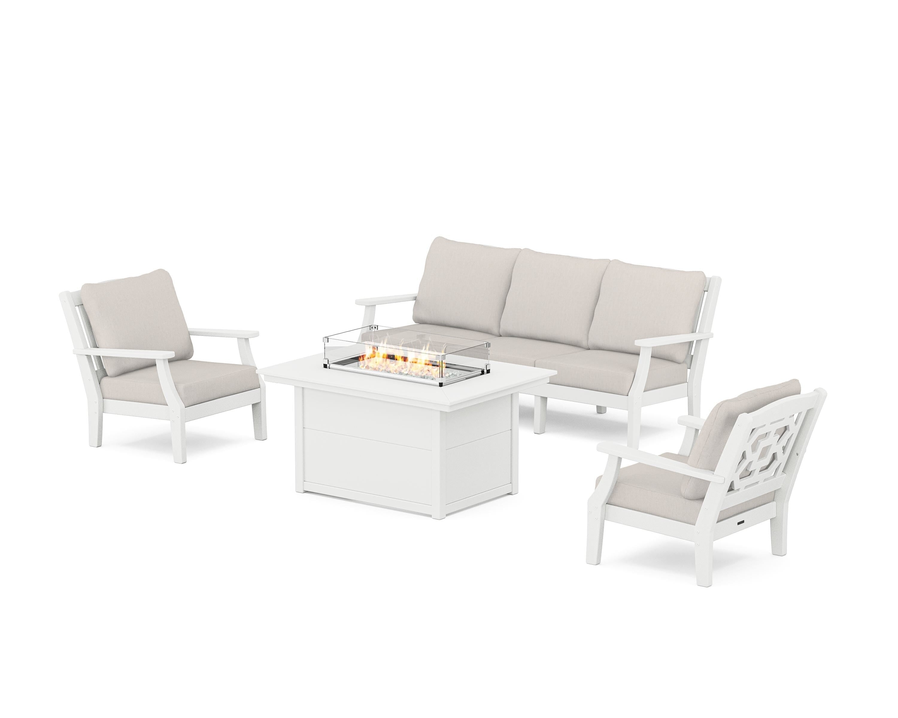 Martha Stewart by POLYWOOD® Chinoiserie Deep Seating Fire Pit Table Set in White / Cast Ash