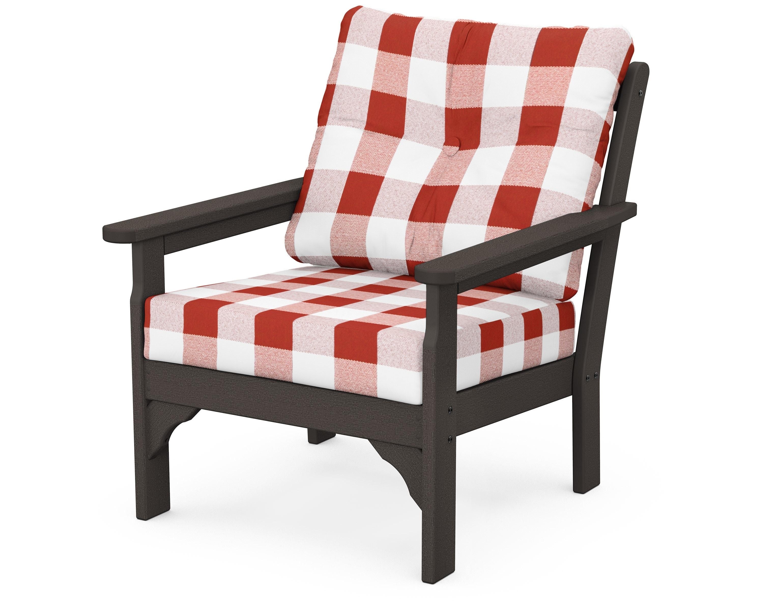 POLYWOOD® Vineyard Deep Seating Chair in Vintage Coffee / Buffalo Plaid Crimson