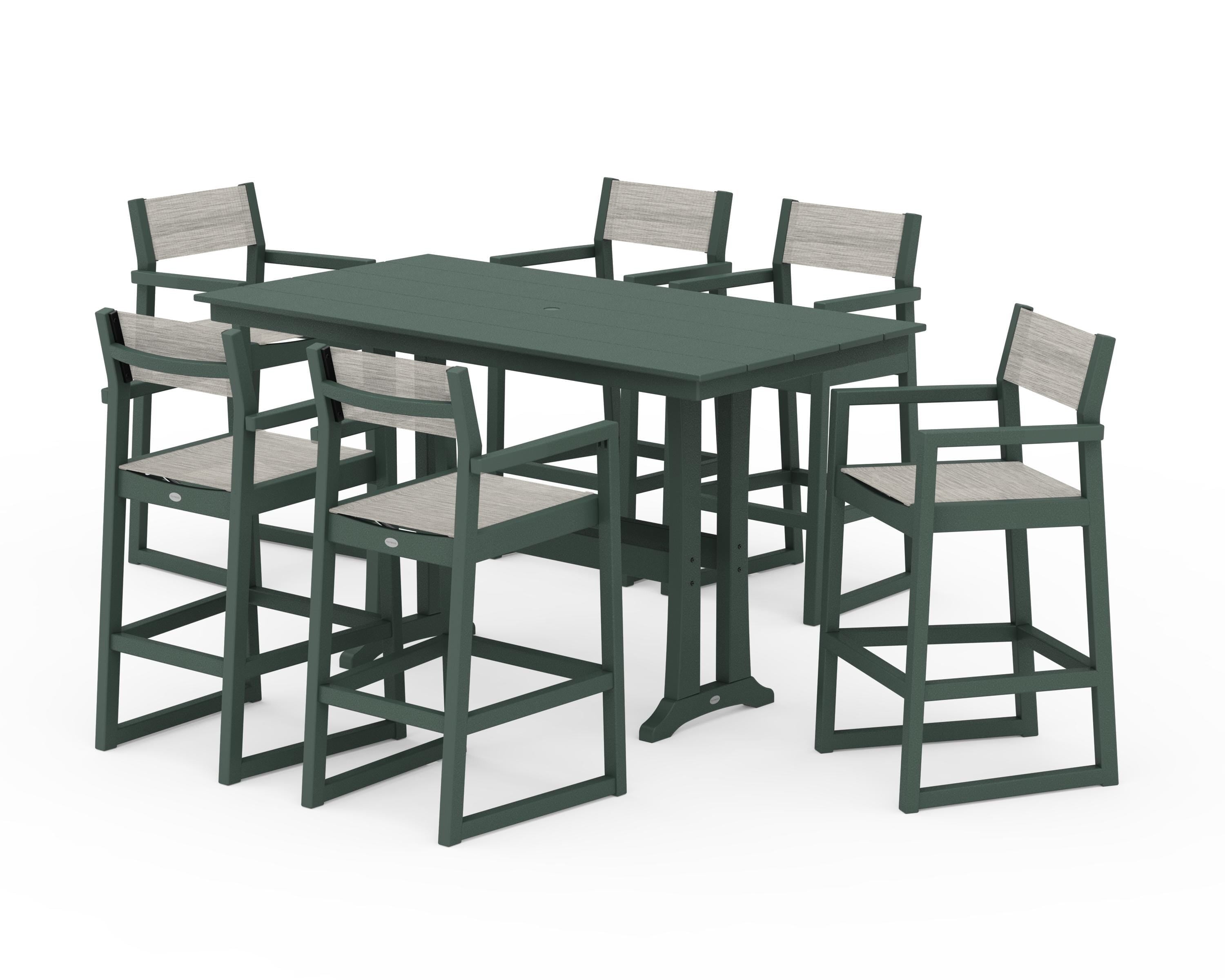 POLYWOOD® EDGE Sling Arm Chair 7-Piece Farmhouse Bar Set with Trestle Legs in Green / Birch Sling