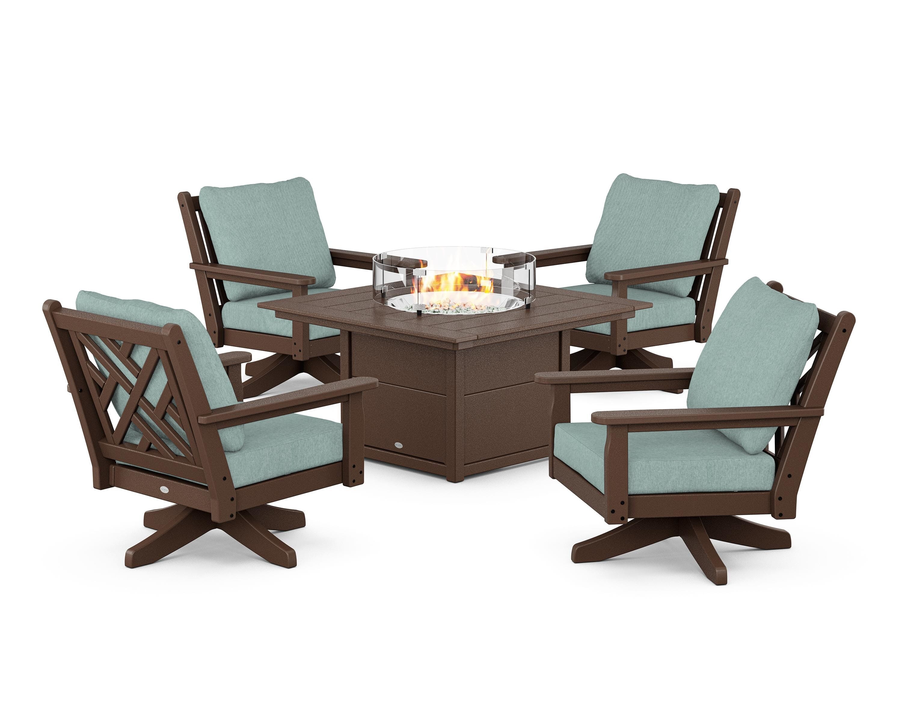 POLYWOOD® Chippendale 5-Piece Deep Seating Swivel Conversation Set with Fire Pit Table in Mahogany / Glacier Spa