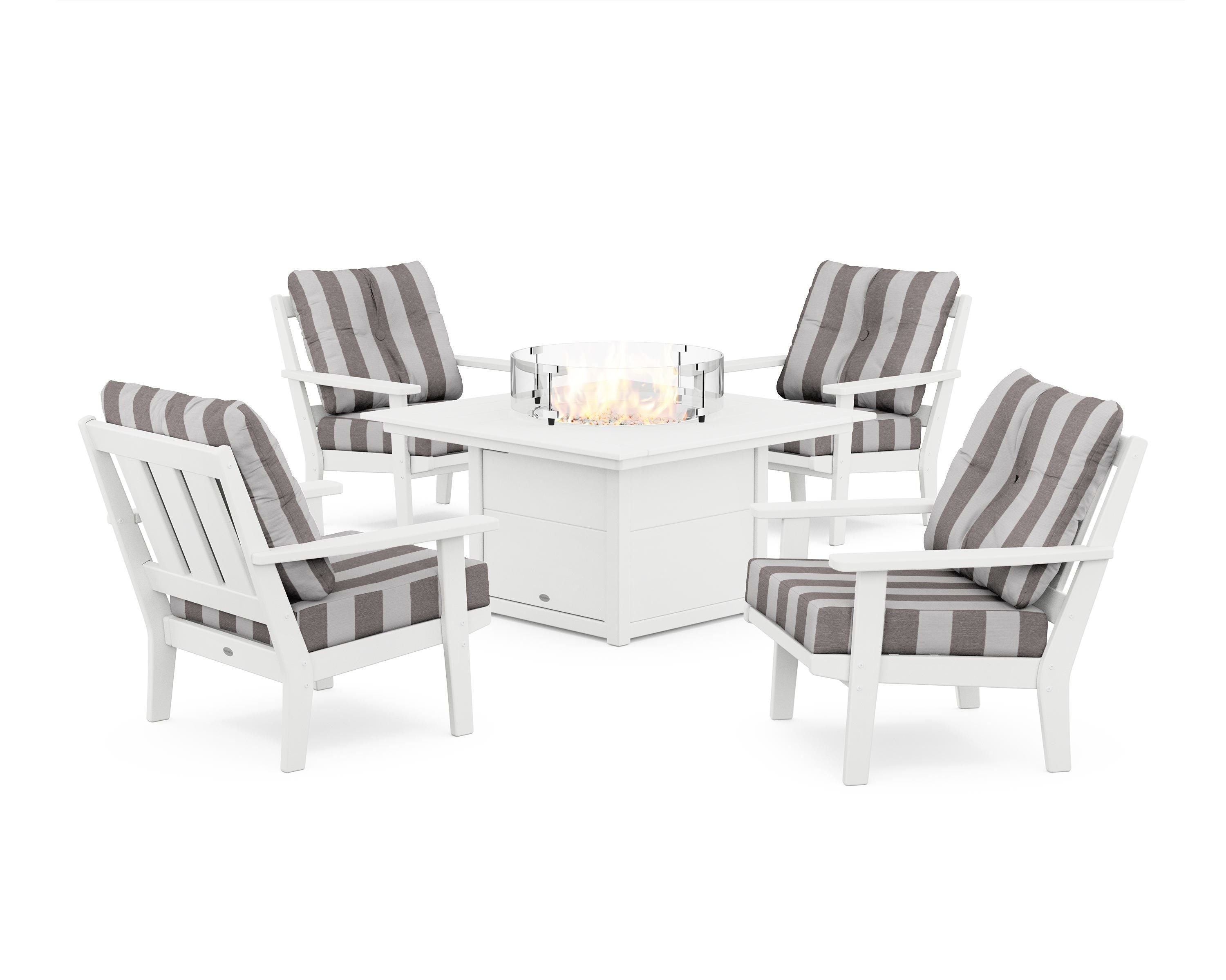 POLYWOOD® Oxford 5-Piece Deep Seating Set with Fire Pit Table in White / Cabana Stripe Grey Mist