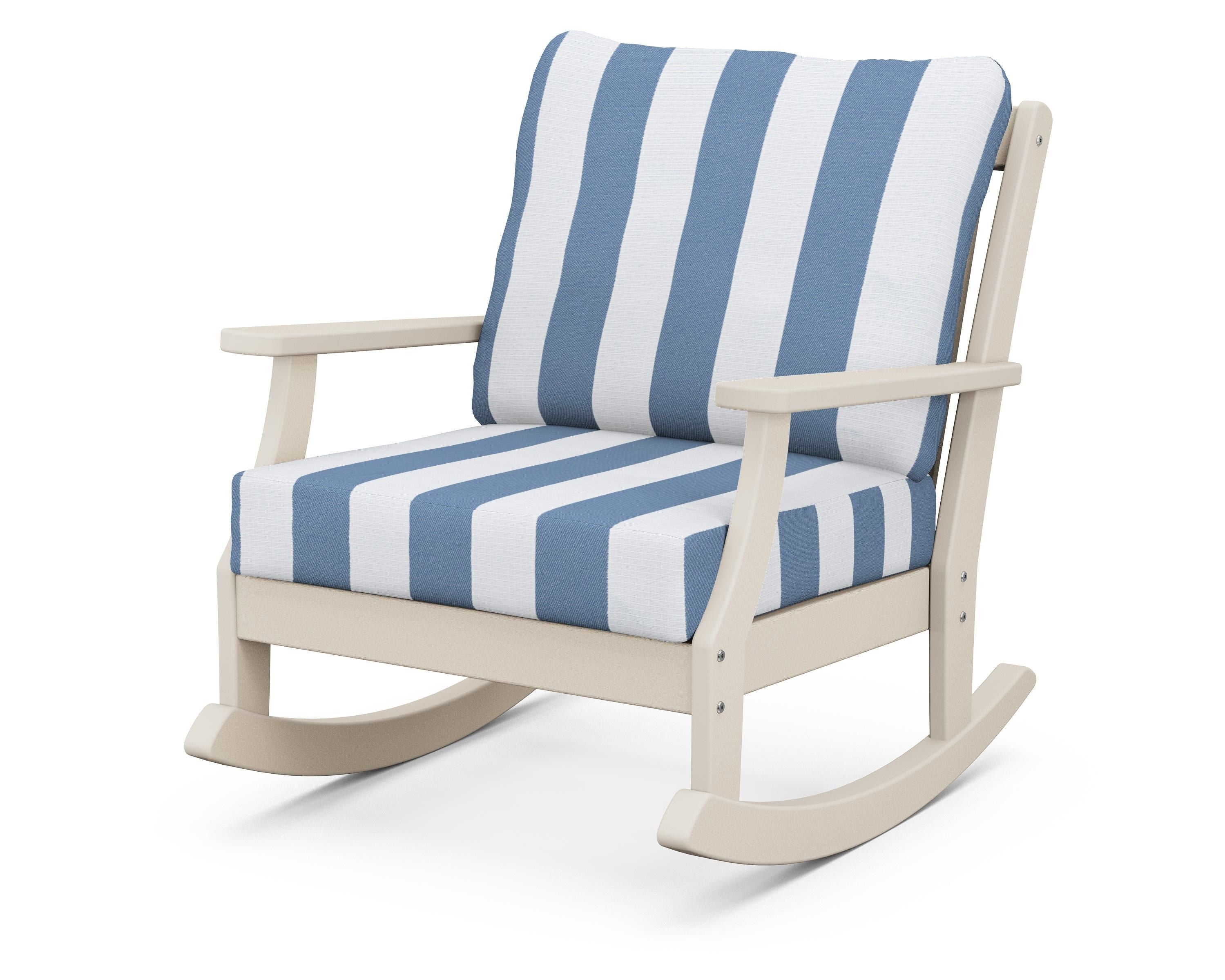 POLYWOOD® Braxton Deep Seating Rocking Chair in Sand / Cabana Stripe Sky Blue