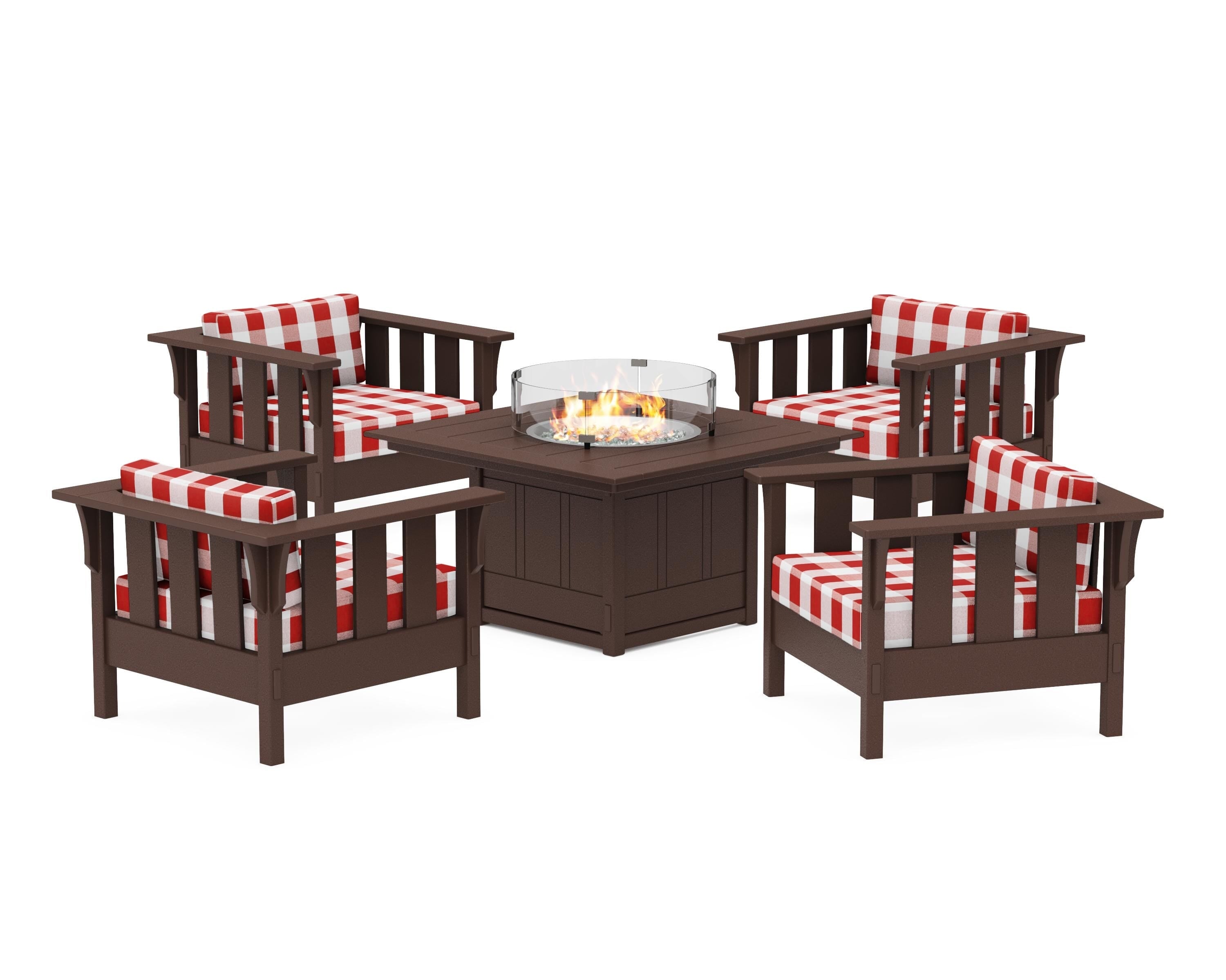 Martha Stewart by POLYWOOD® Acadia 5-Piece Deep Seating Set with Fire Pit Table in Mahogany / Buffalo Plaid Crimson