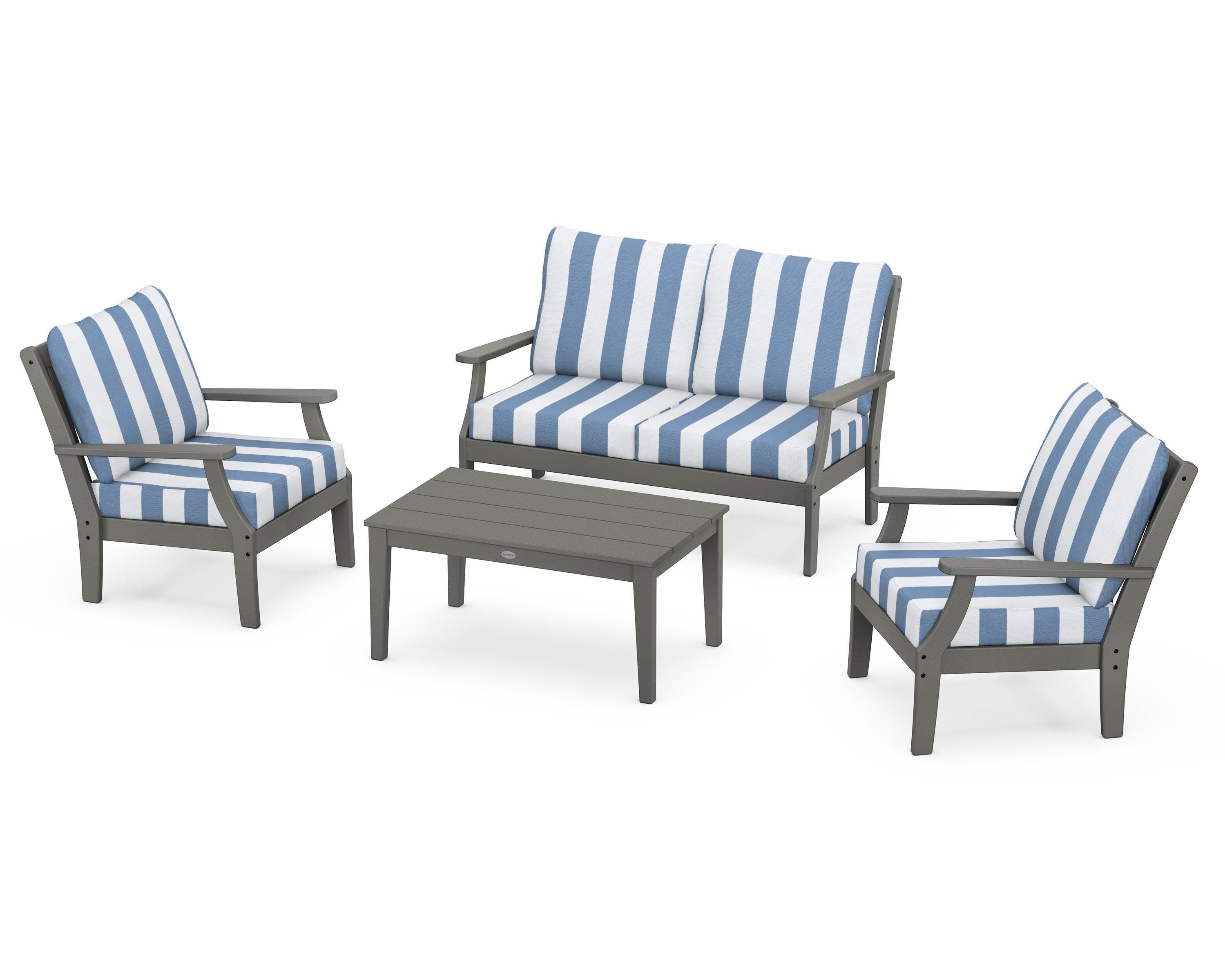 POLYWOOD® Braxton 4-Piece Deep Seating Chair Set in Slate Grey / Cabana Stripe Sky Blue