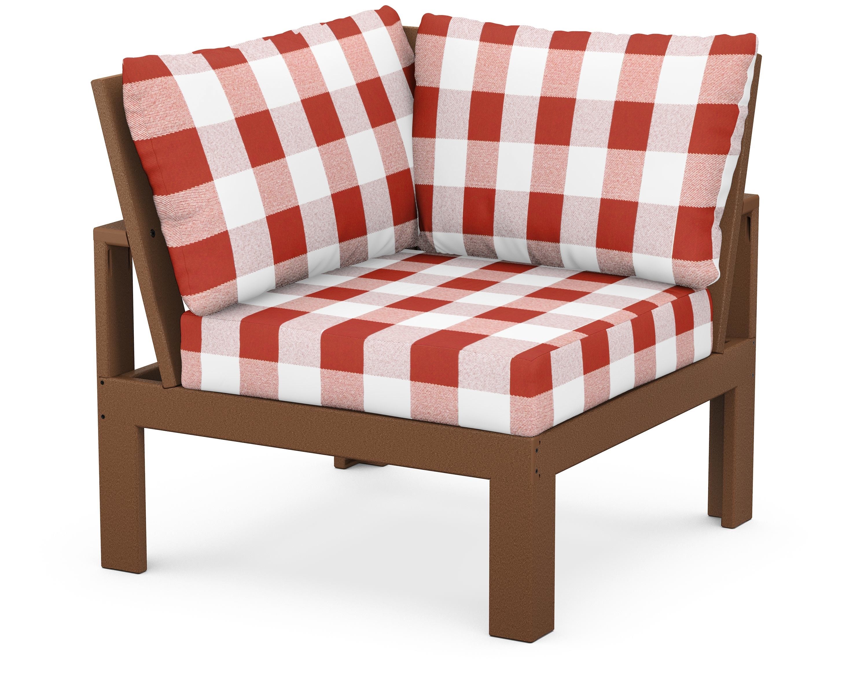 Unbranded Modular Corner Chair in Teak / Buffalo Plaid Crimson