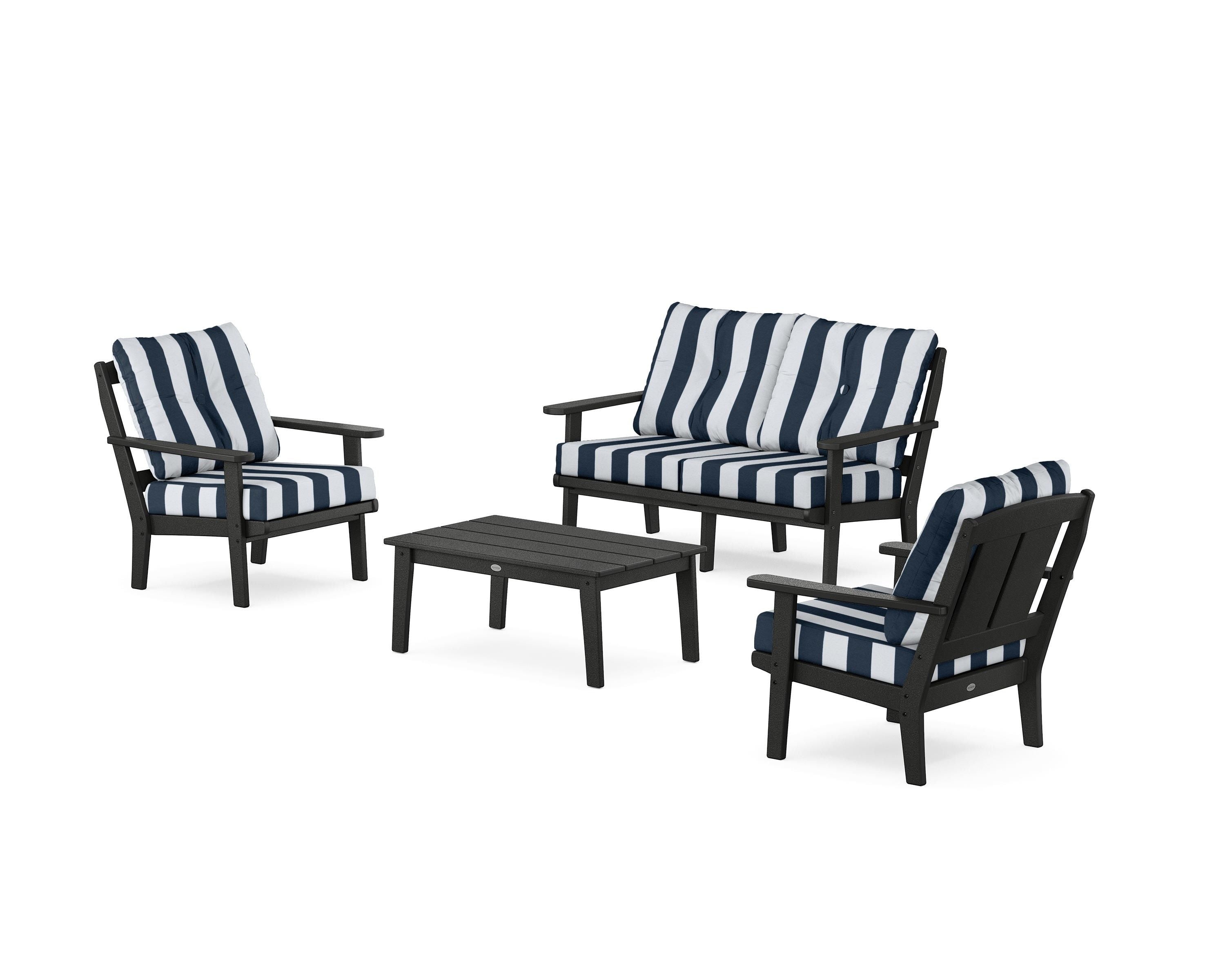 POLYWOOD® Mission 4-Piece Deep Seating Set with Loveseat in Black / Cabana Stripe Marine Indigo