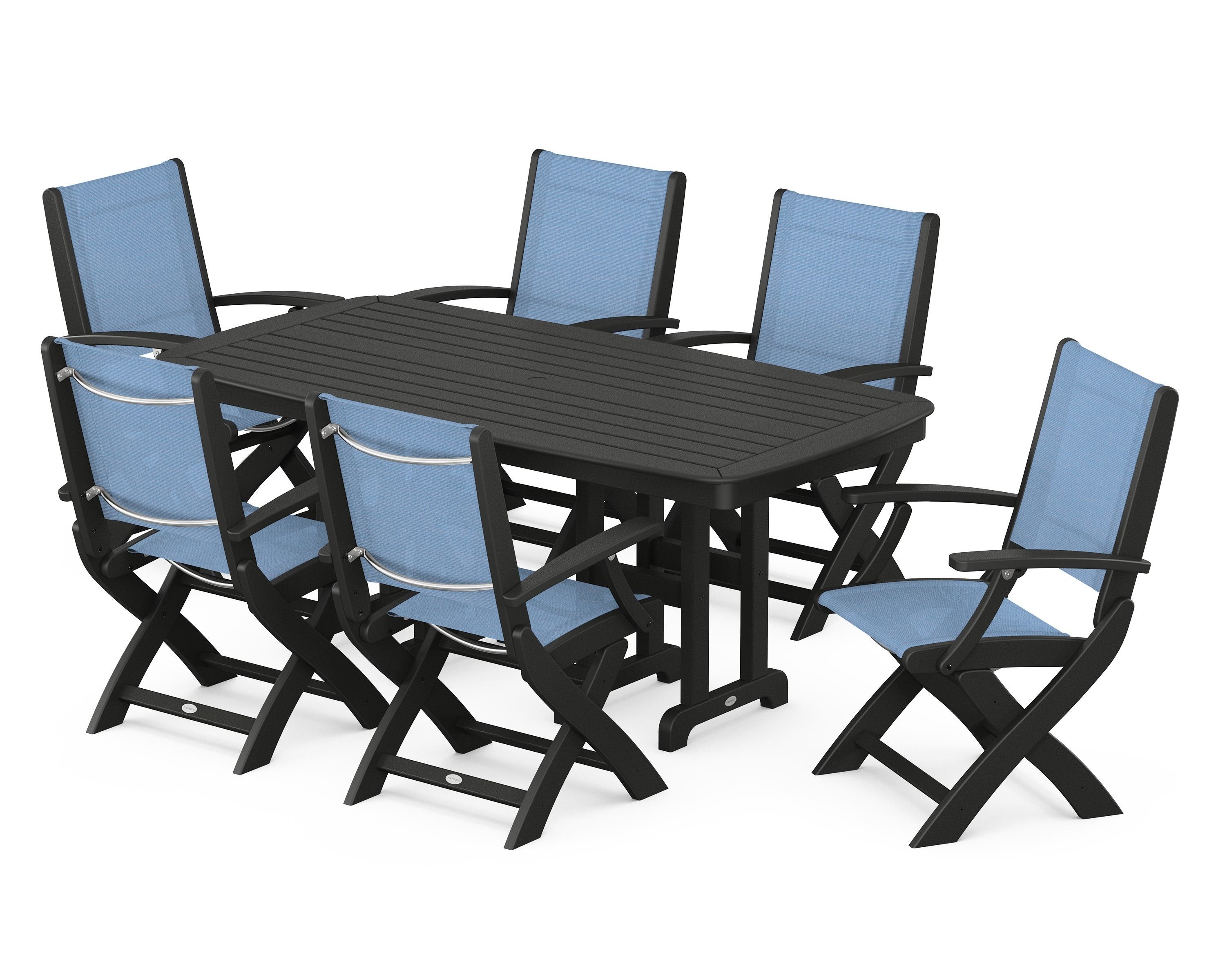 POLYWOOD® Coastal Folding Arm Chair 7-Piece Dining Set in Black / Poolside Sling