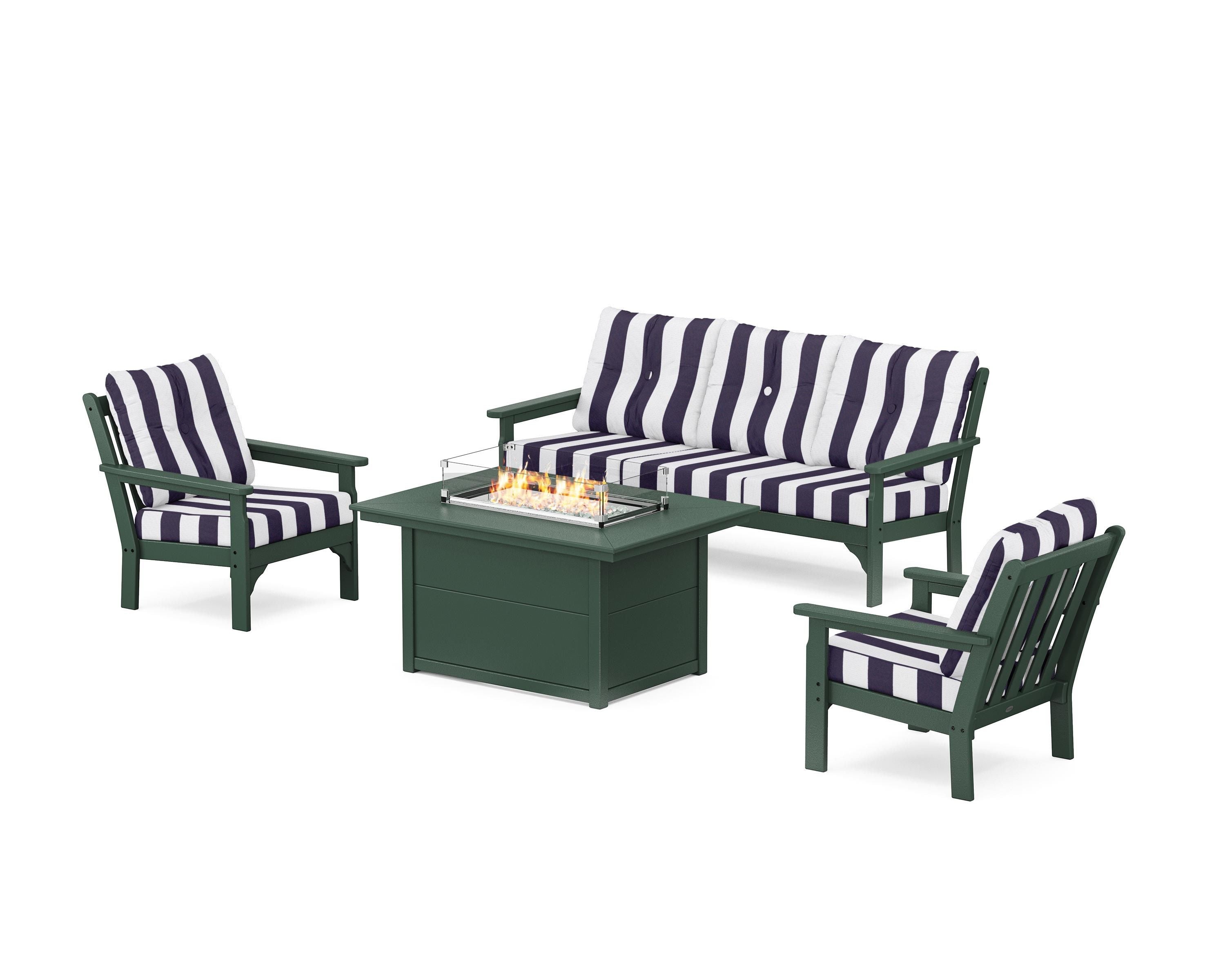 POLYWOOD® Vineyard Deep Seating Fire Pit Table Set in Green / Cabana Stripe Navy