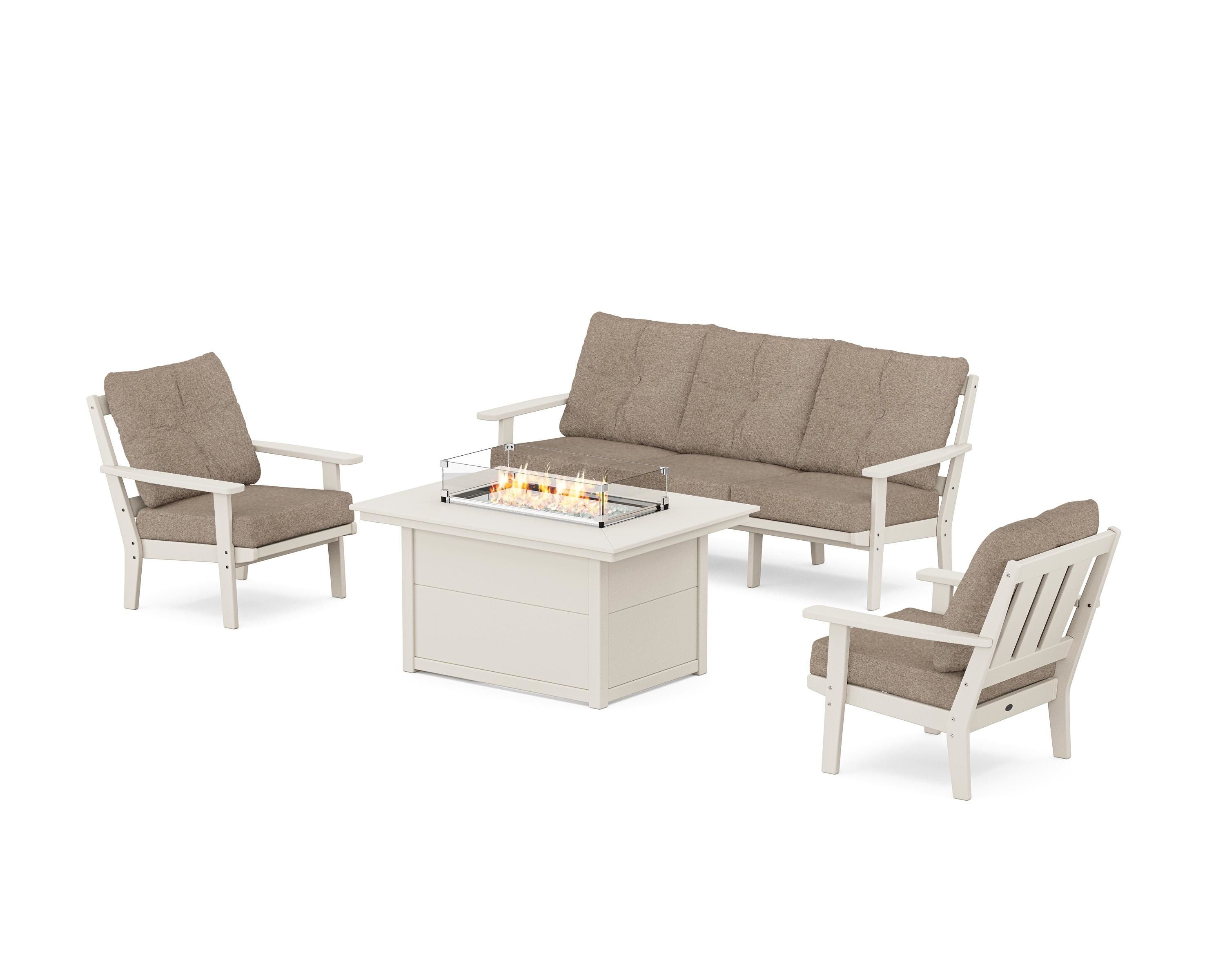 POLYWOOD® Oxford Deep Seating Fire Pit Table Set in Sand / Spiced Burlap