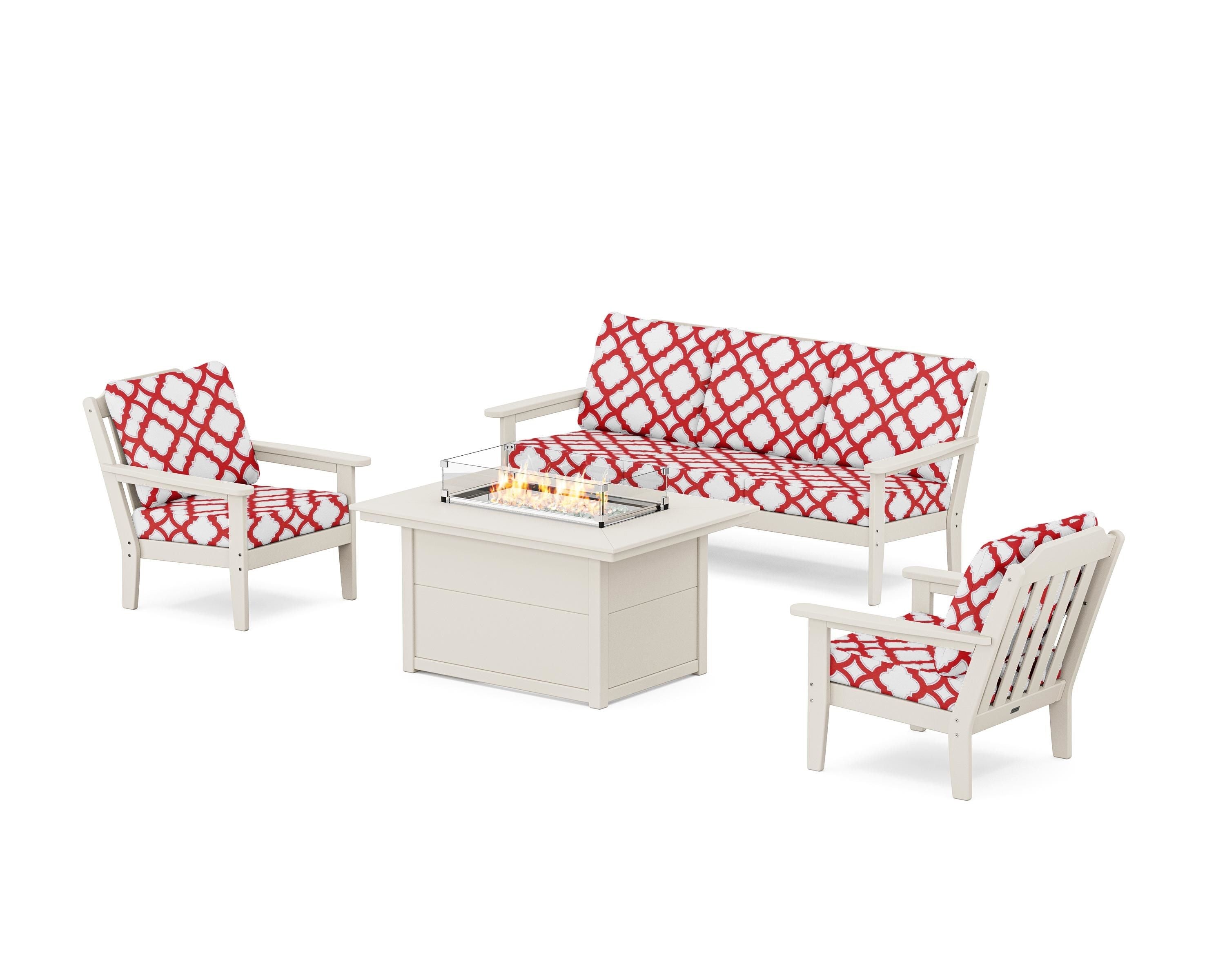 Country Living Cottage Deep Seating Fire Pit Table Set in Sand / Trellis Crimson
