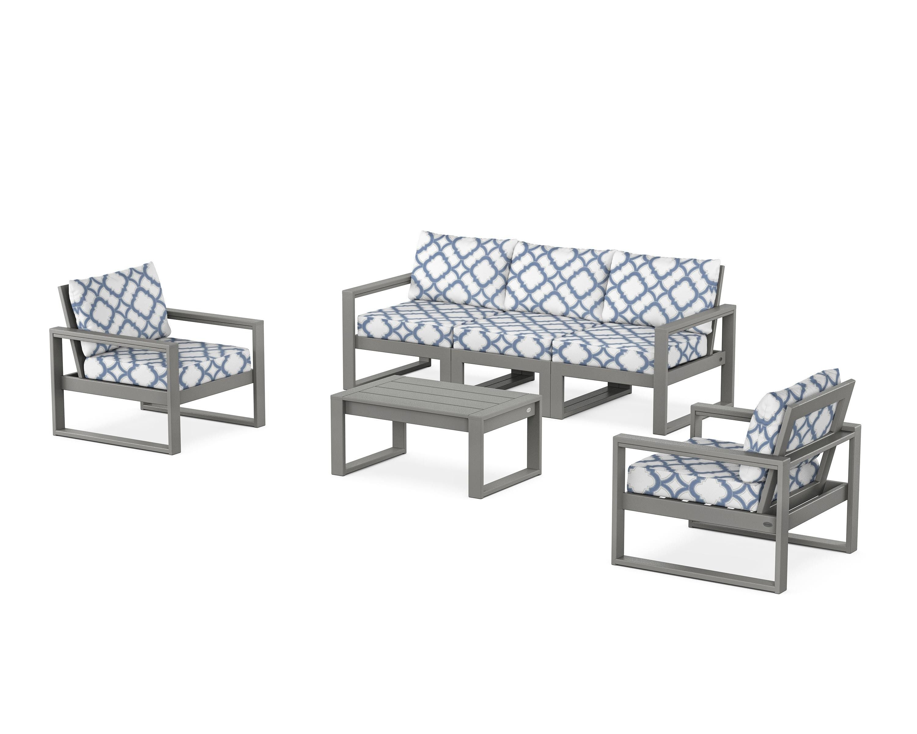 POLYWOOD® EDGE Sectional 4-Piece Deep Seating Set with Sofa in Slate Grey / Trellis Sky Blue