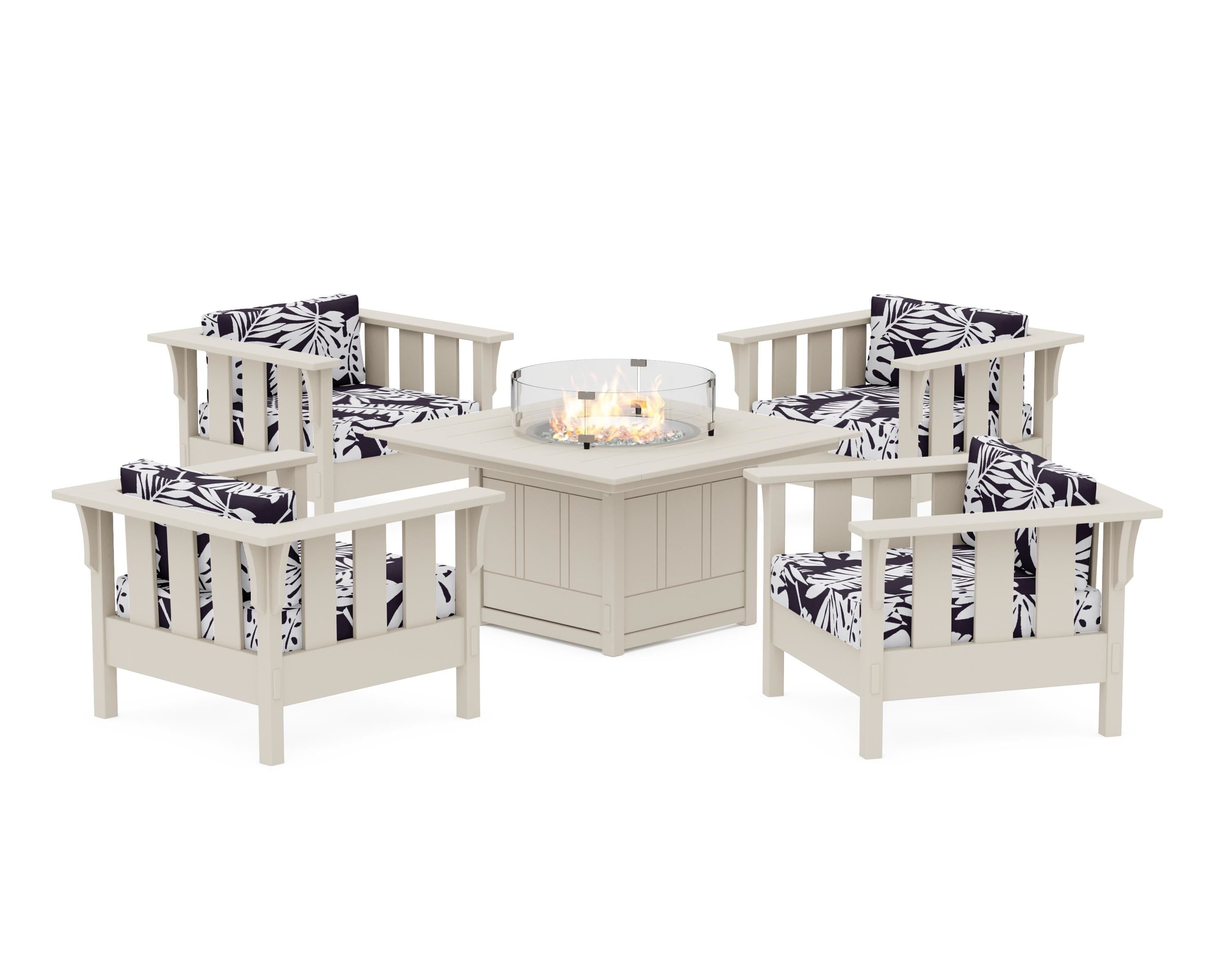 Martha Stewart by POLYWOOD® Acadia 5-Piece Deep Seating Set with Fire Pit Table in Sand / Leaf Navy