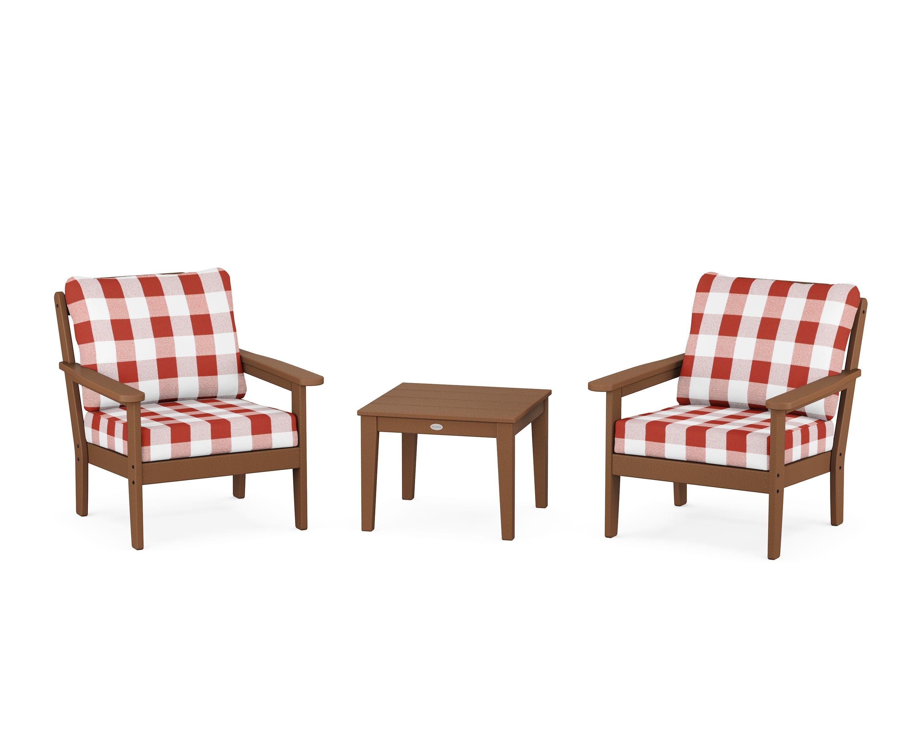 Country Living Cottage 3-Piece Deep Seating Set in Teak / Buffalo Plaid Crimson