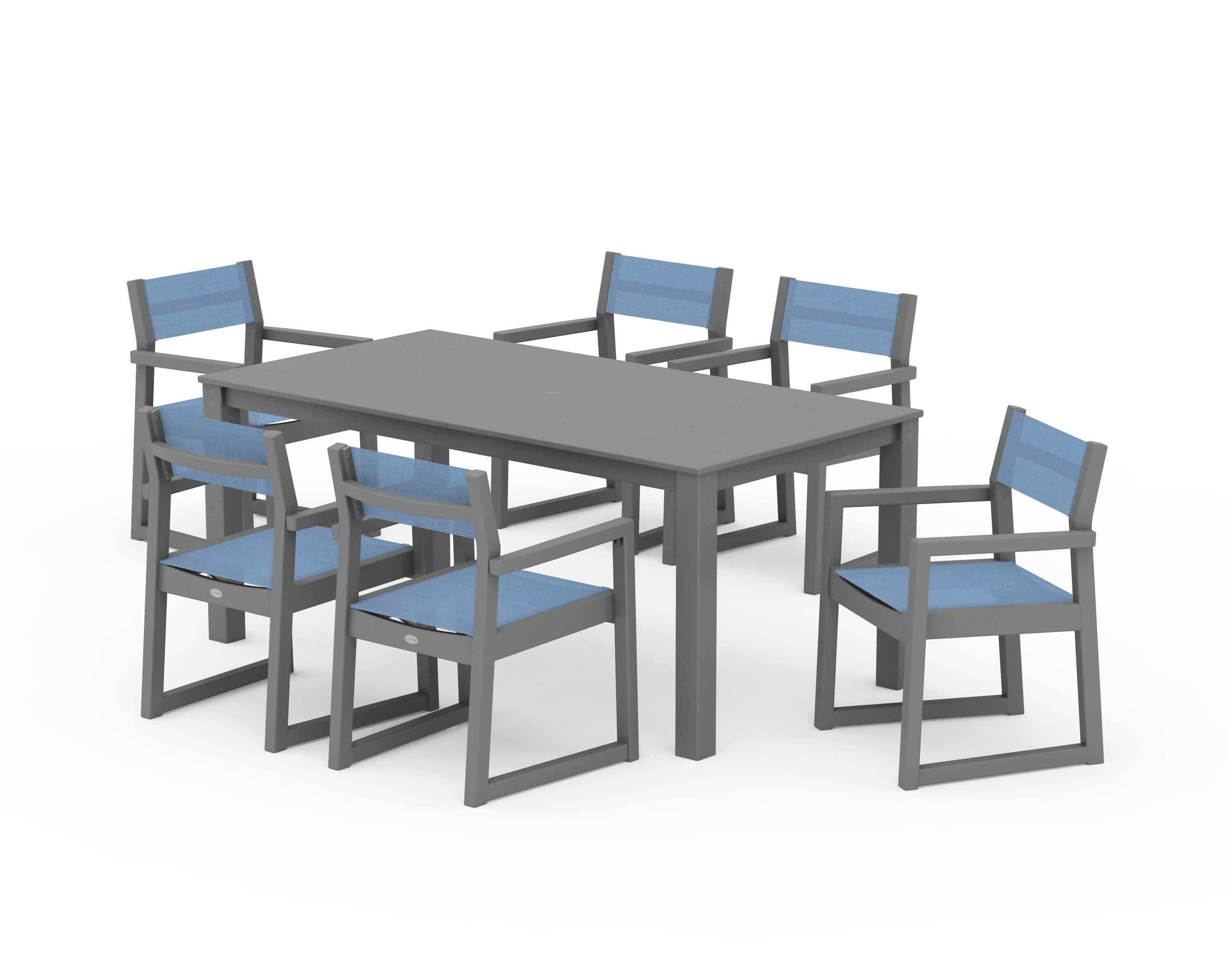 POLYWOOD® EDGE Sling Arm Chair 7-Piece Parsons Dining Set in Slate Grey / Poolside Sling