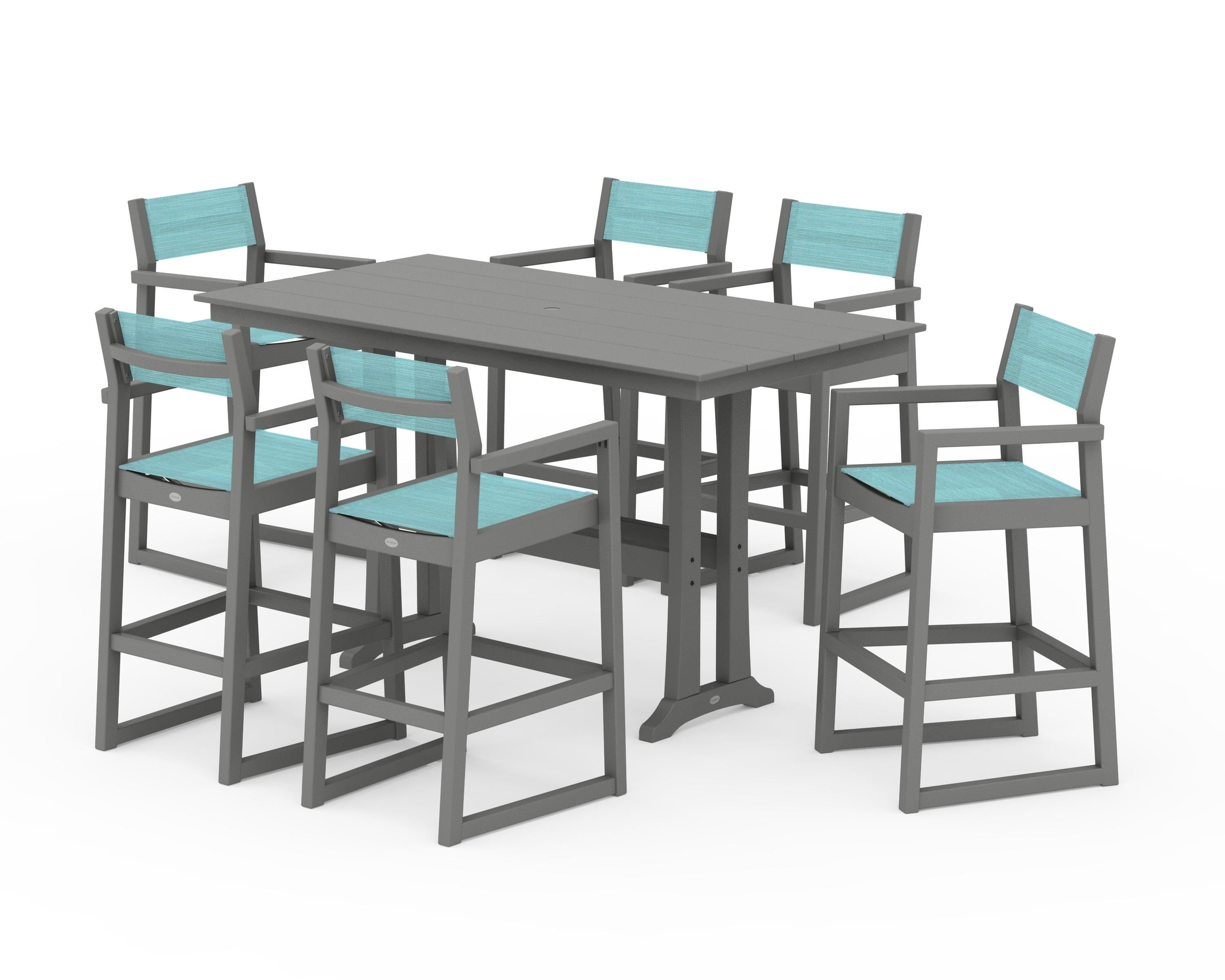 POLYWOOD® EDGE Sling Arm Chair 7-Piece Farmhouse Bar Set with Trestle Legs in Slate Grey / Dupioni Aquamarine Sling