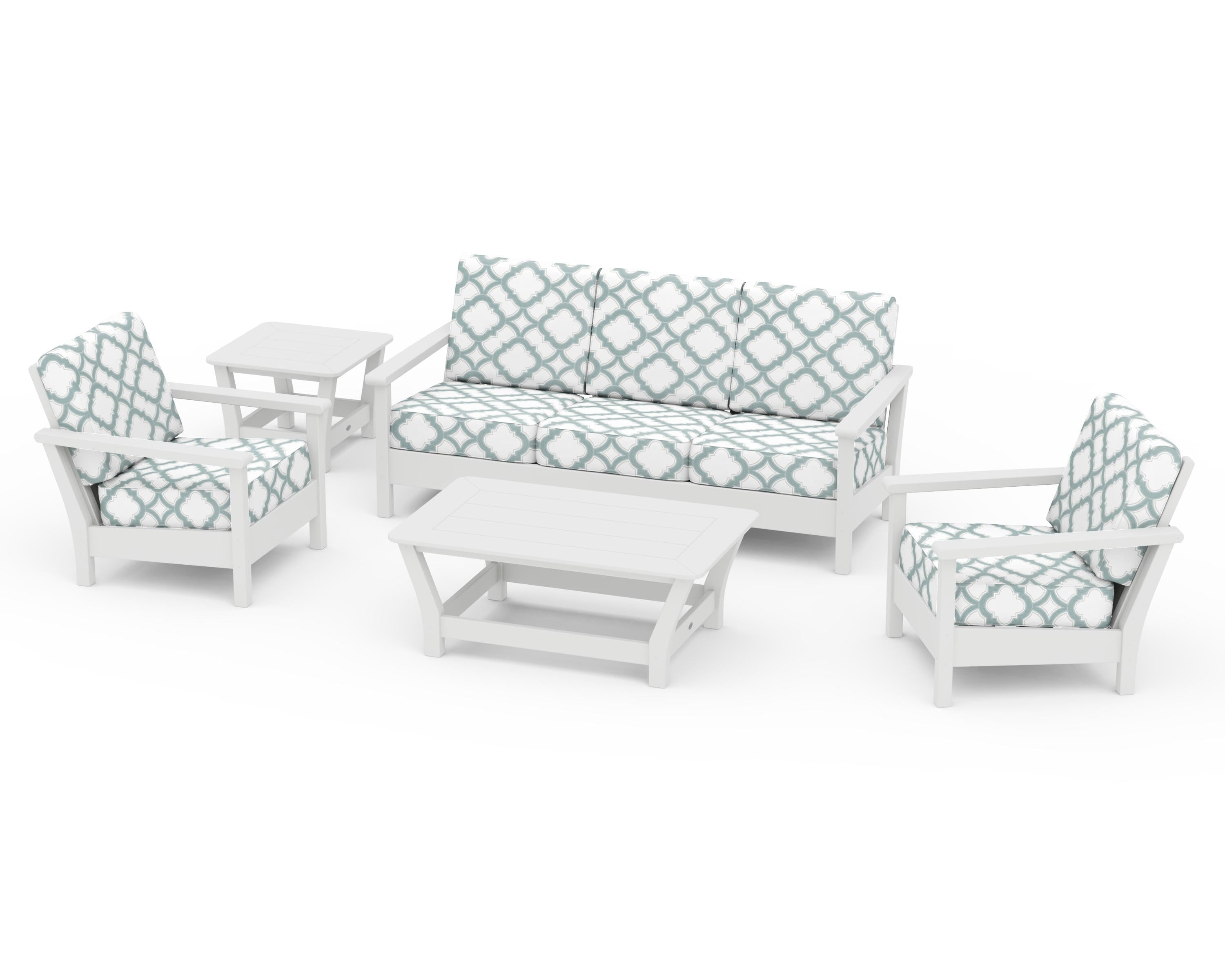 POLYWOOD® Harbour 5-Piece Deep Seating Set in White / Trellis Glacier Spa