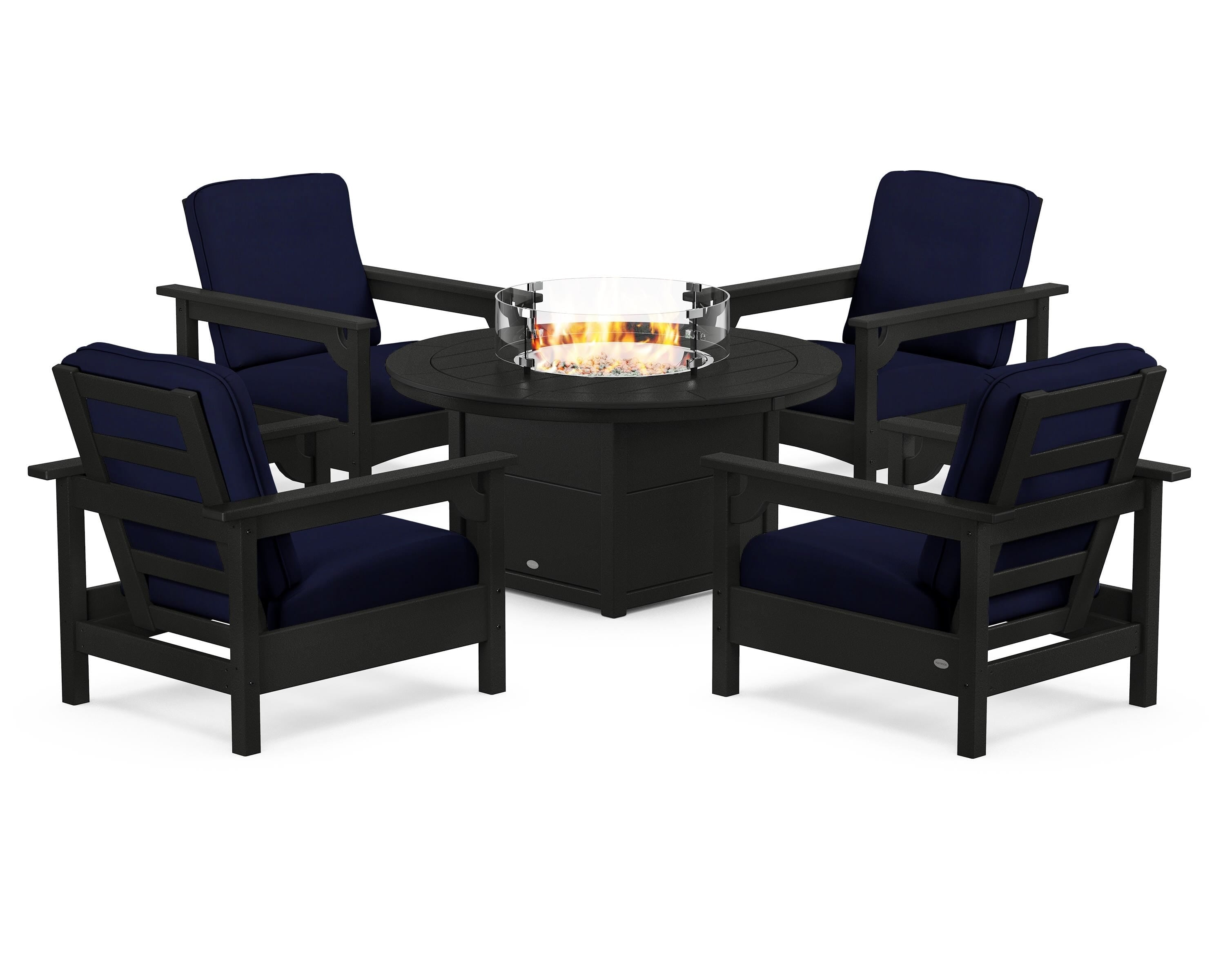 POLYWOOD® Club 5-Piece Conversation Set with Fire Pit Table in Black / Navy