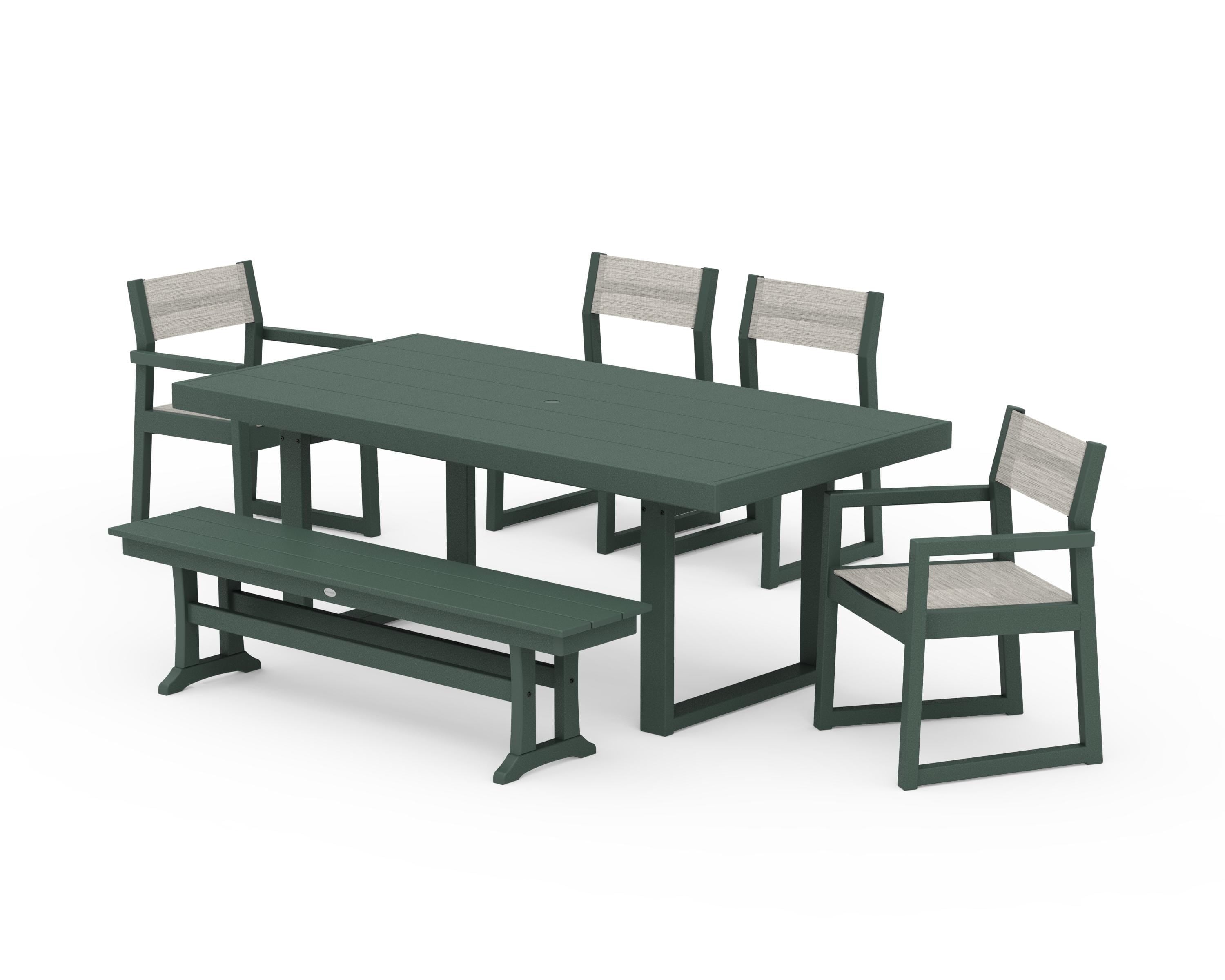 POLYWOOD® EDGE Sling 6-Piece Dining Set with Bench in Green / Birch Sling