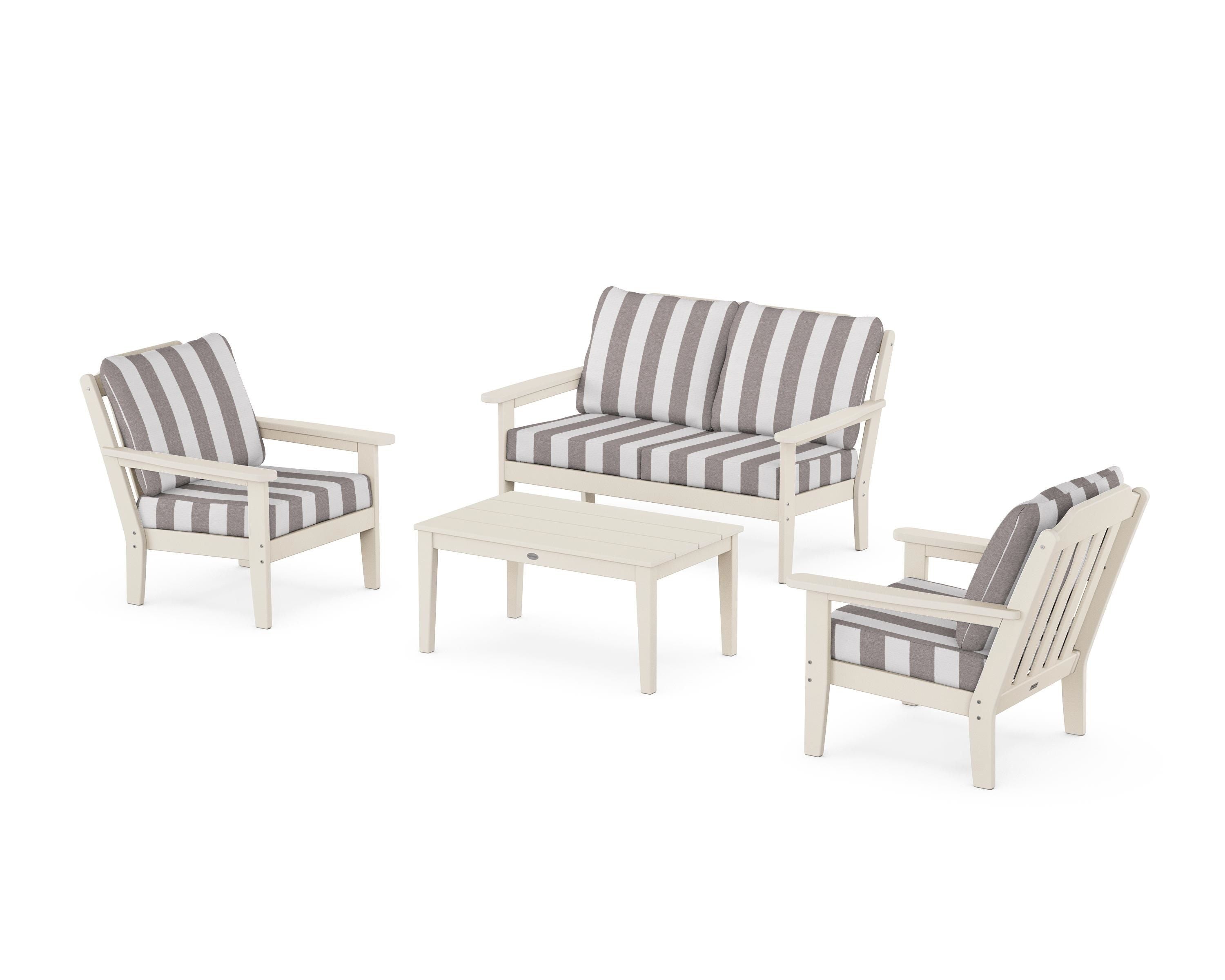 Country Living Cottage 4-Piece Deep Seating Set with Loveseat in Sand / Cabana Stripe Grey Mist
