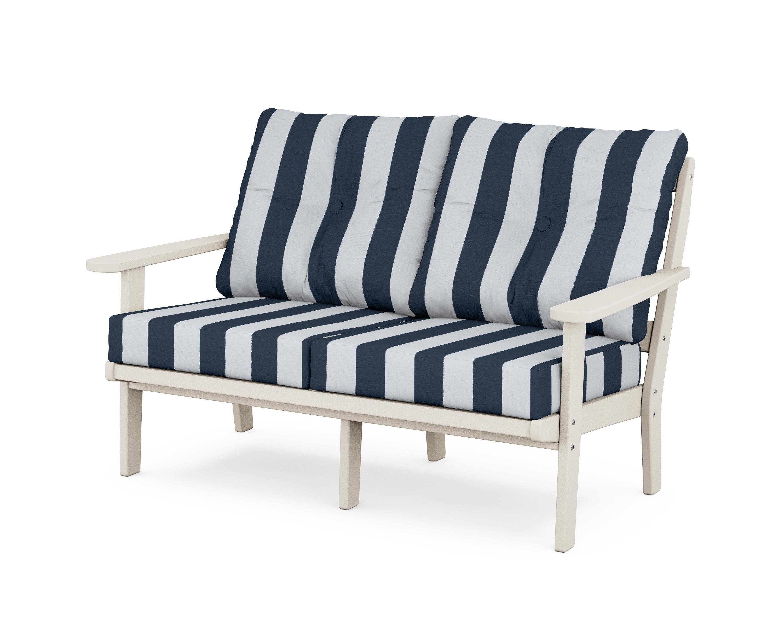 POLYWOOD® Mission Deep Seating Loveseat in Sand / Cabana Stripe Marine Indigo