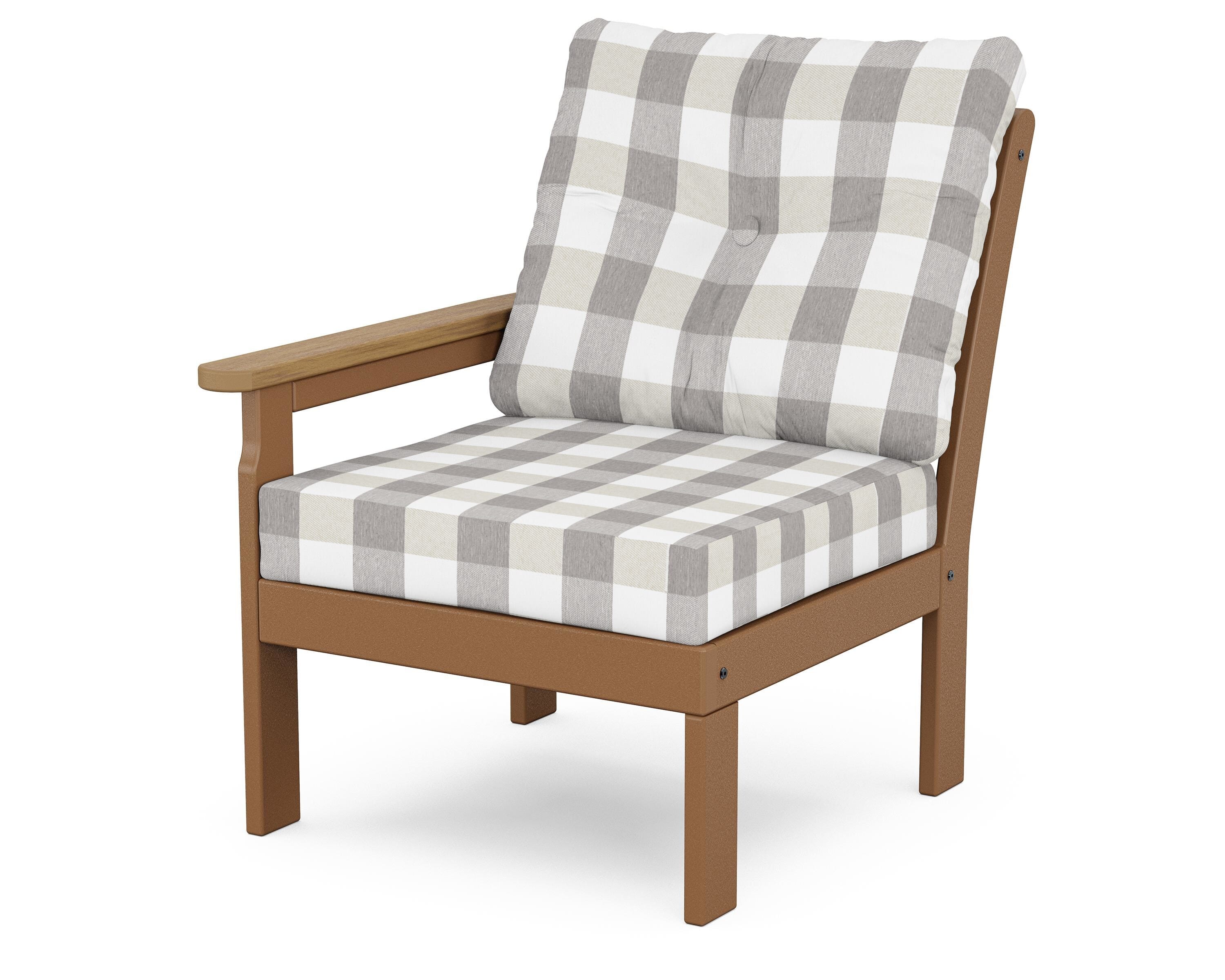 POLYWOOD® Vineyard Modular Left Arm Chair in Teak / Natural / Buffalo Plaid Grey Mist