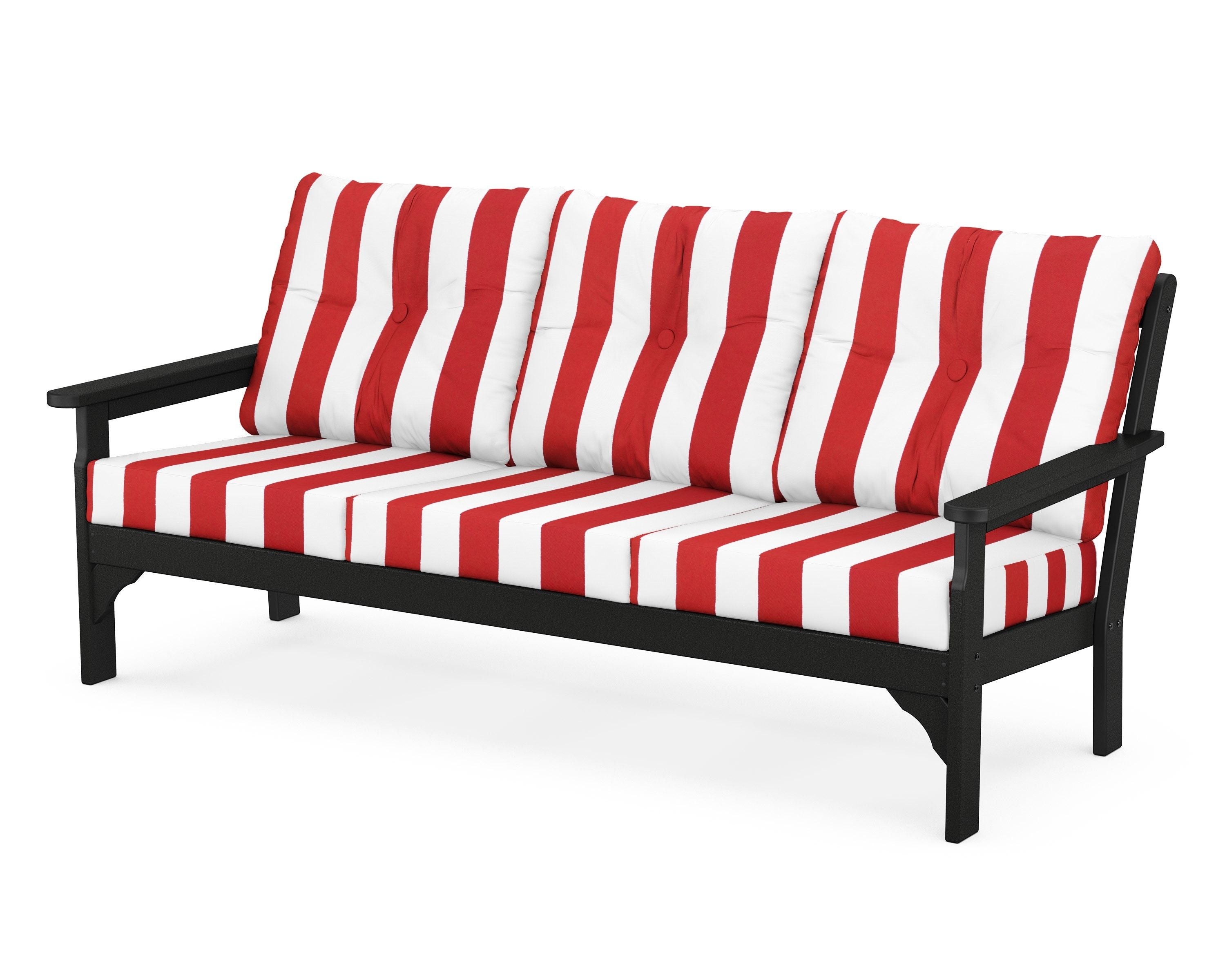 POLYWOOD® Vineyard Deep Seating Sofa in Black / Cabana Stripe Crimson