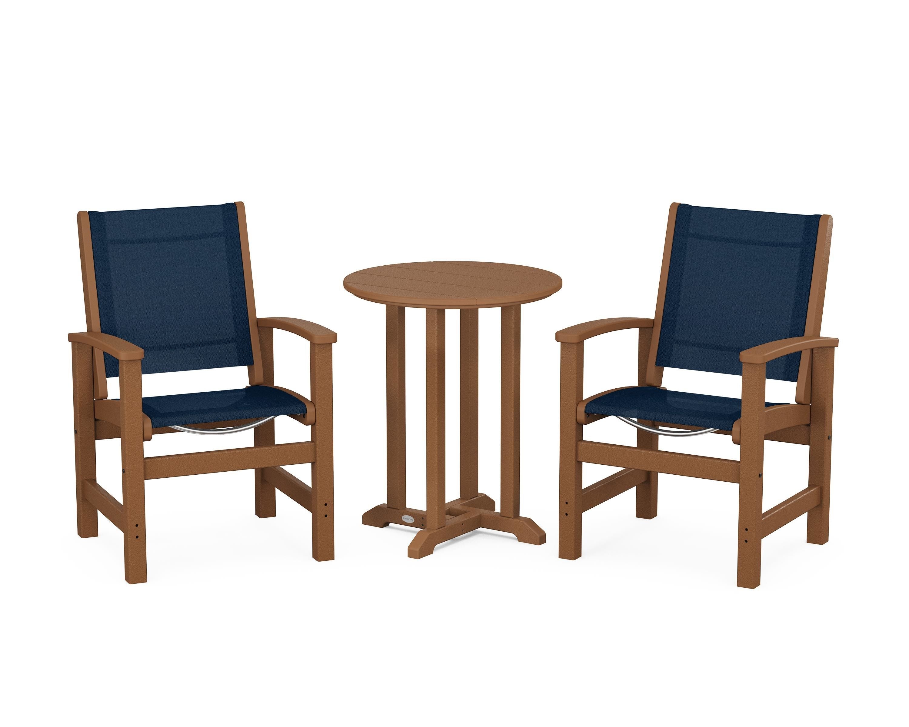 POLYWOOD® Coastal 3-Piece Round Bistro Dining Set in Teak / Navy Blue Sling