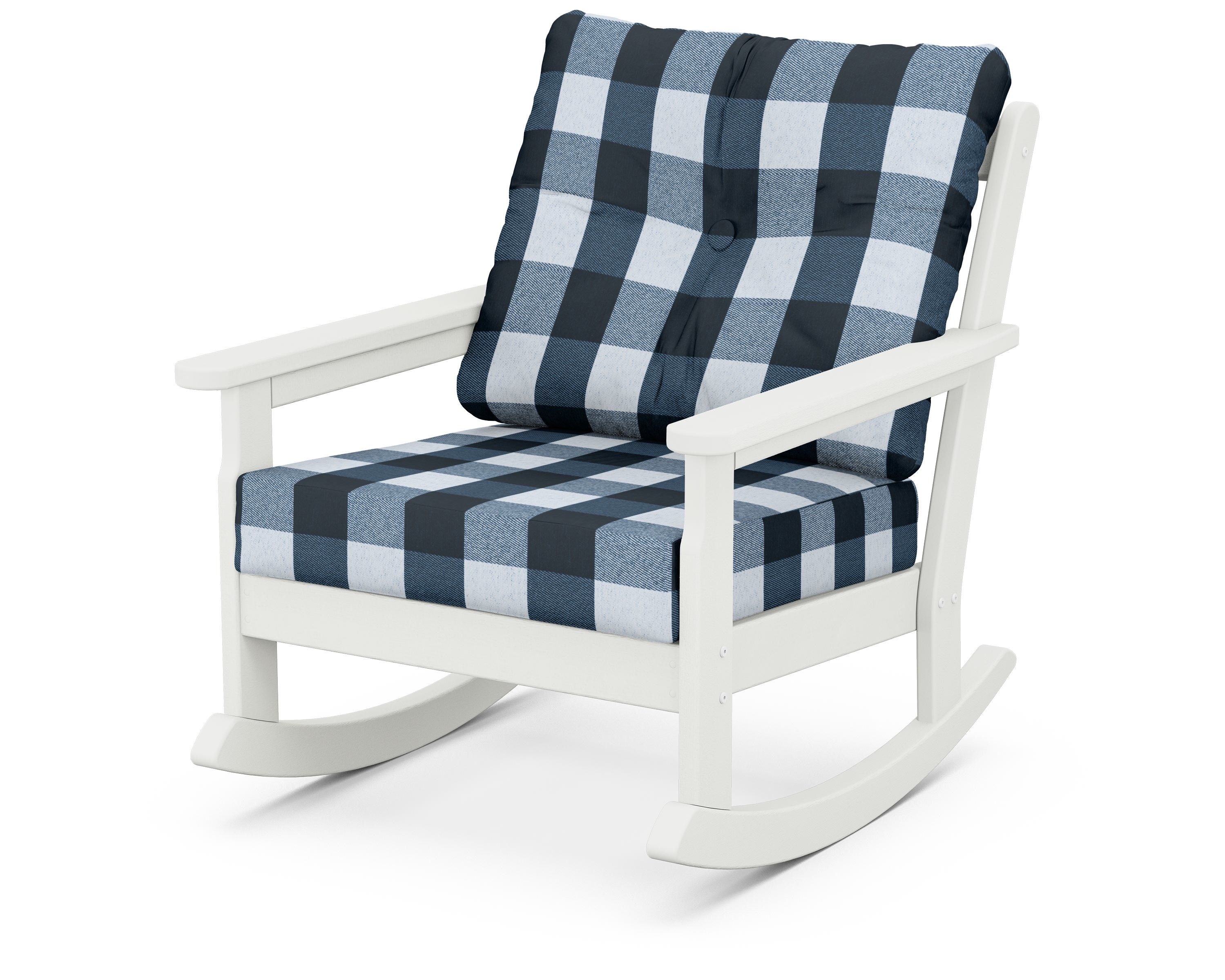 POLYWOOD® Vineyard Deep Seating Rocking Chair in Vintage White / Buffalo Plaid Marine Indigo