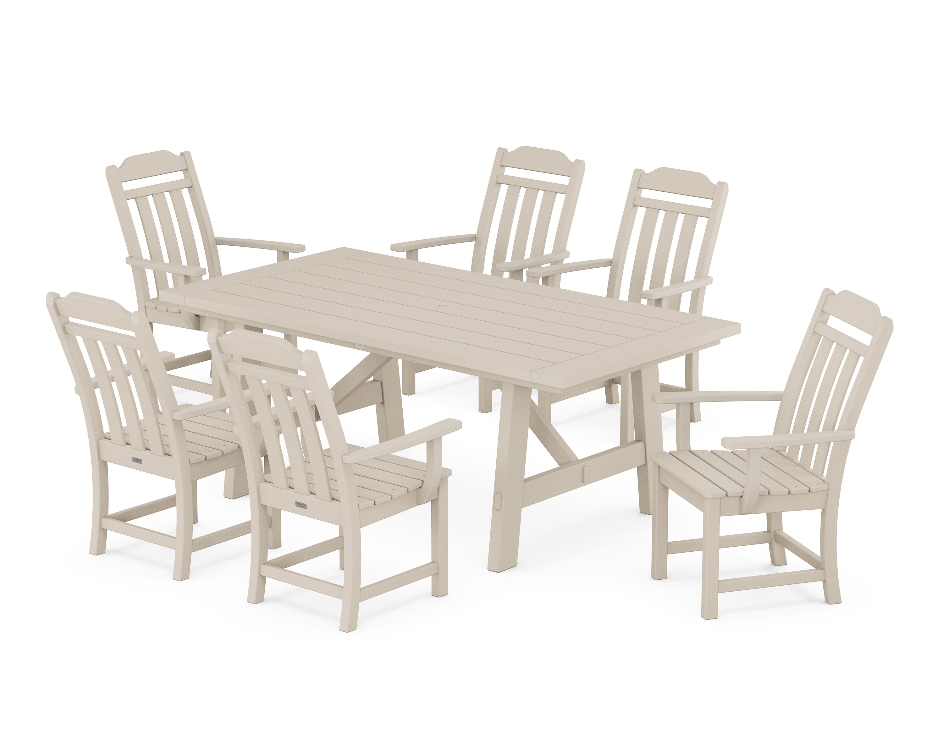Country Living Cottage Arm Chair 7-Piece Rustic Farmhouse Dining Set in Sand
