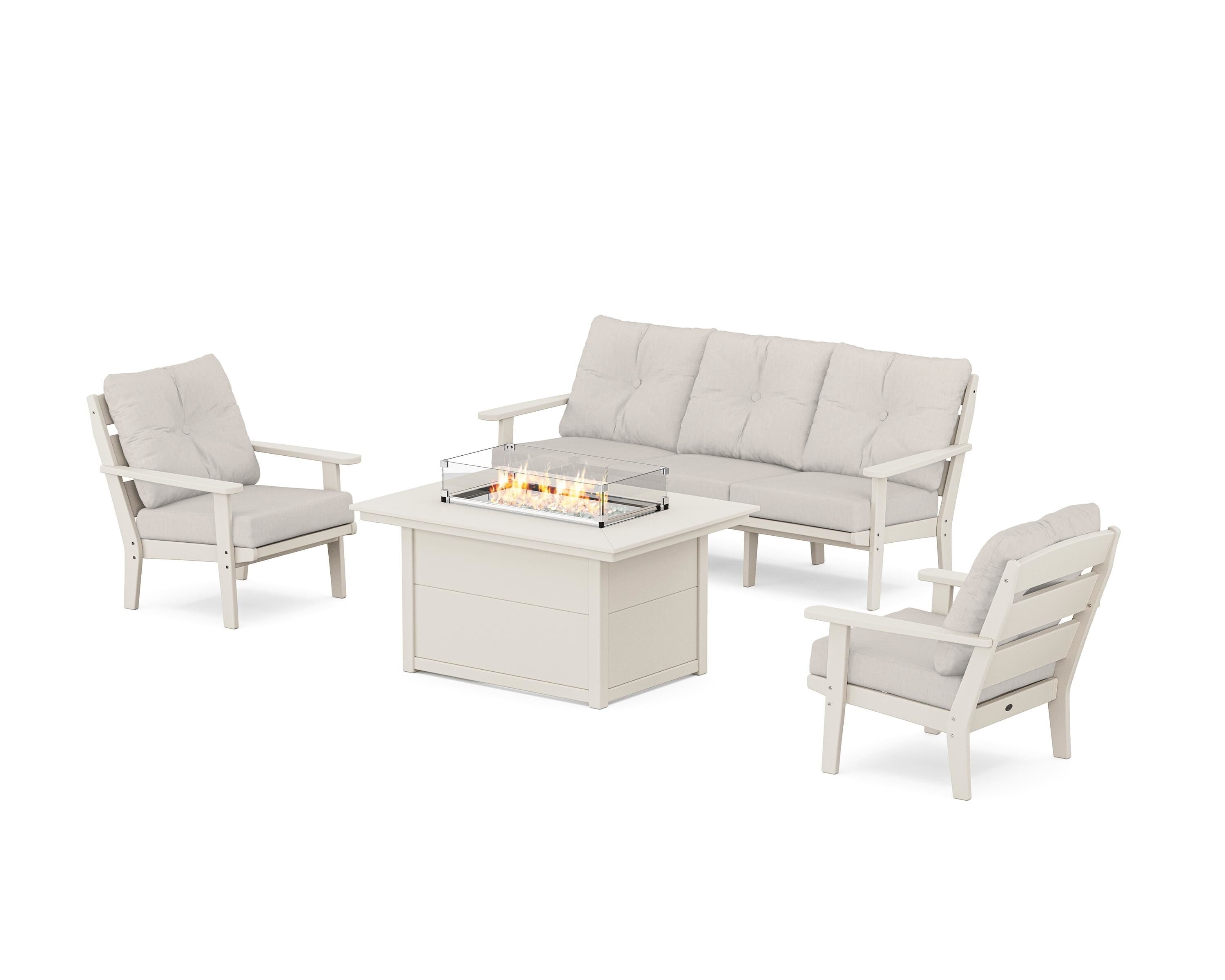 POLYWOOD® Lakeside Deep Seating Fire Pit Table Set in Sand / Cast Ash