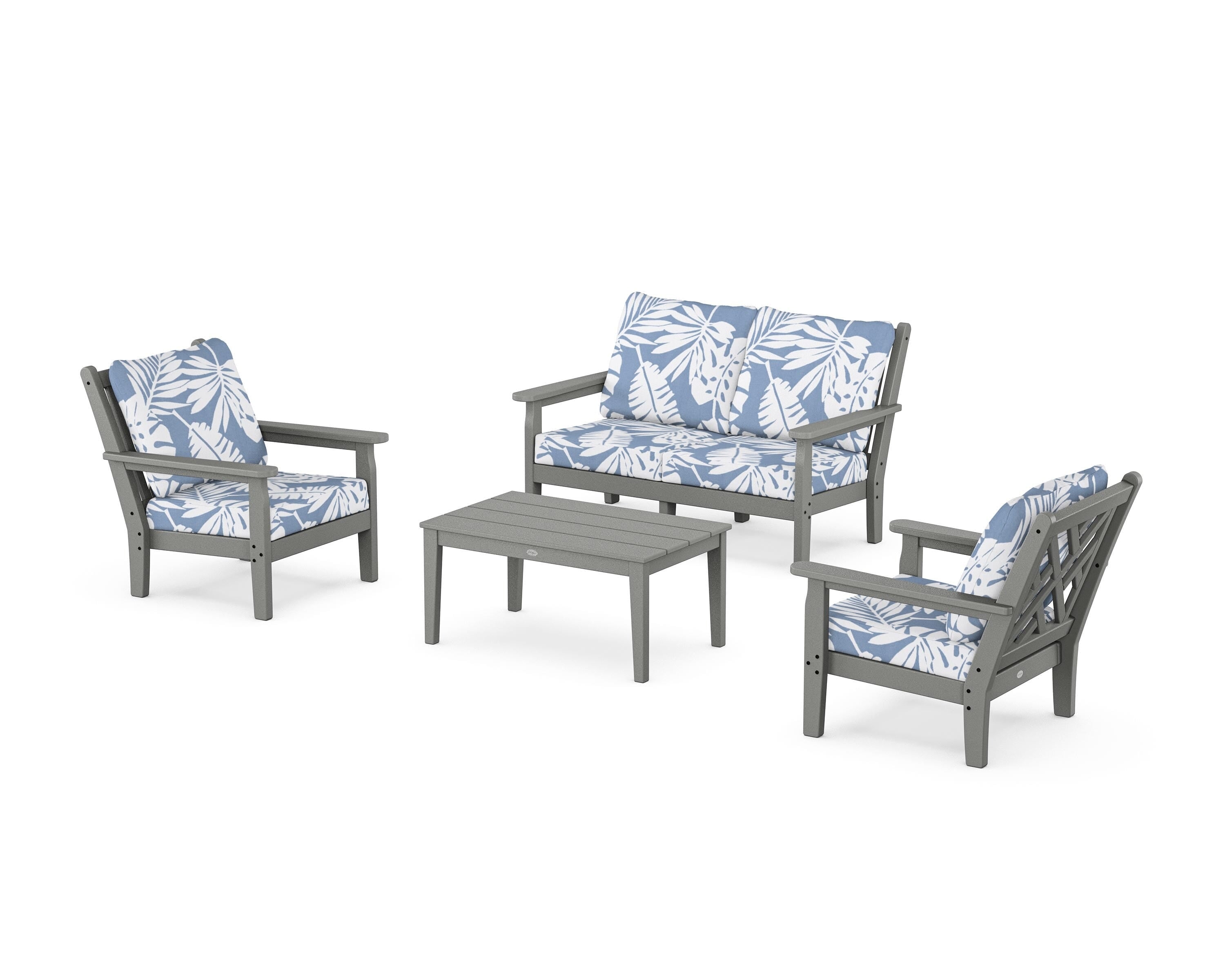 POLYWOOD® Chippendale 4-Piece Deep Seating Set with Loveseat in Slate Grey / Leaf Sky Blue