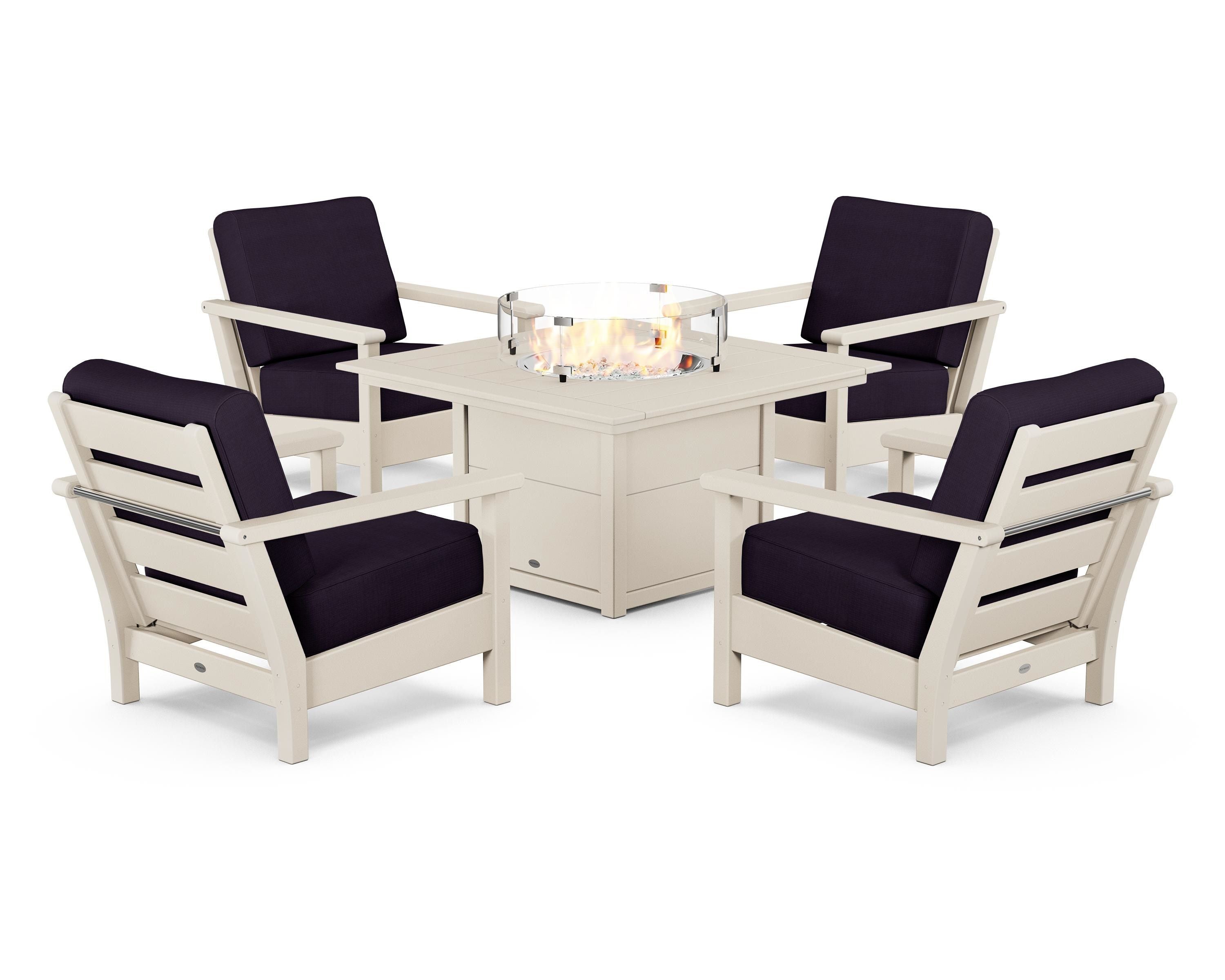 POLYWOOD® Harbour 5-Piece Conversation Set with Fire Pit Table in Sand / Navy Linen