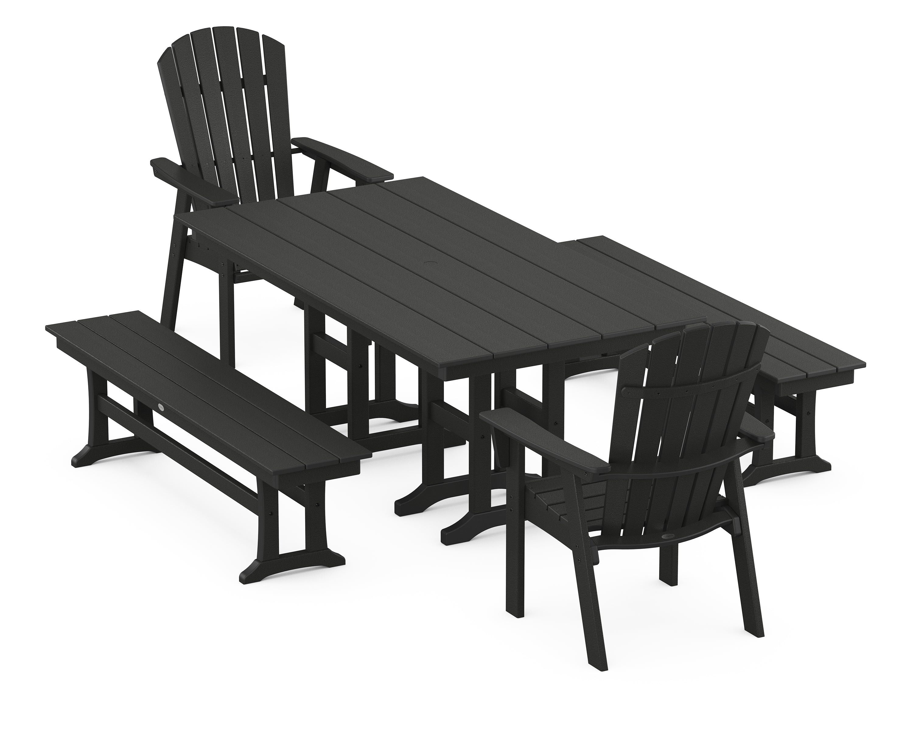 POLYWOOD® Nautical Curveback Adirondack 5-Piece Farmhouse Dining Set with Benches in Black