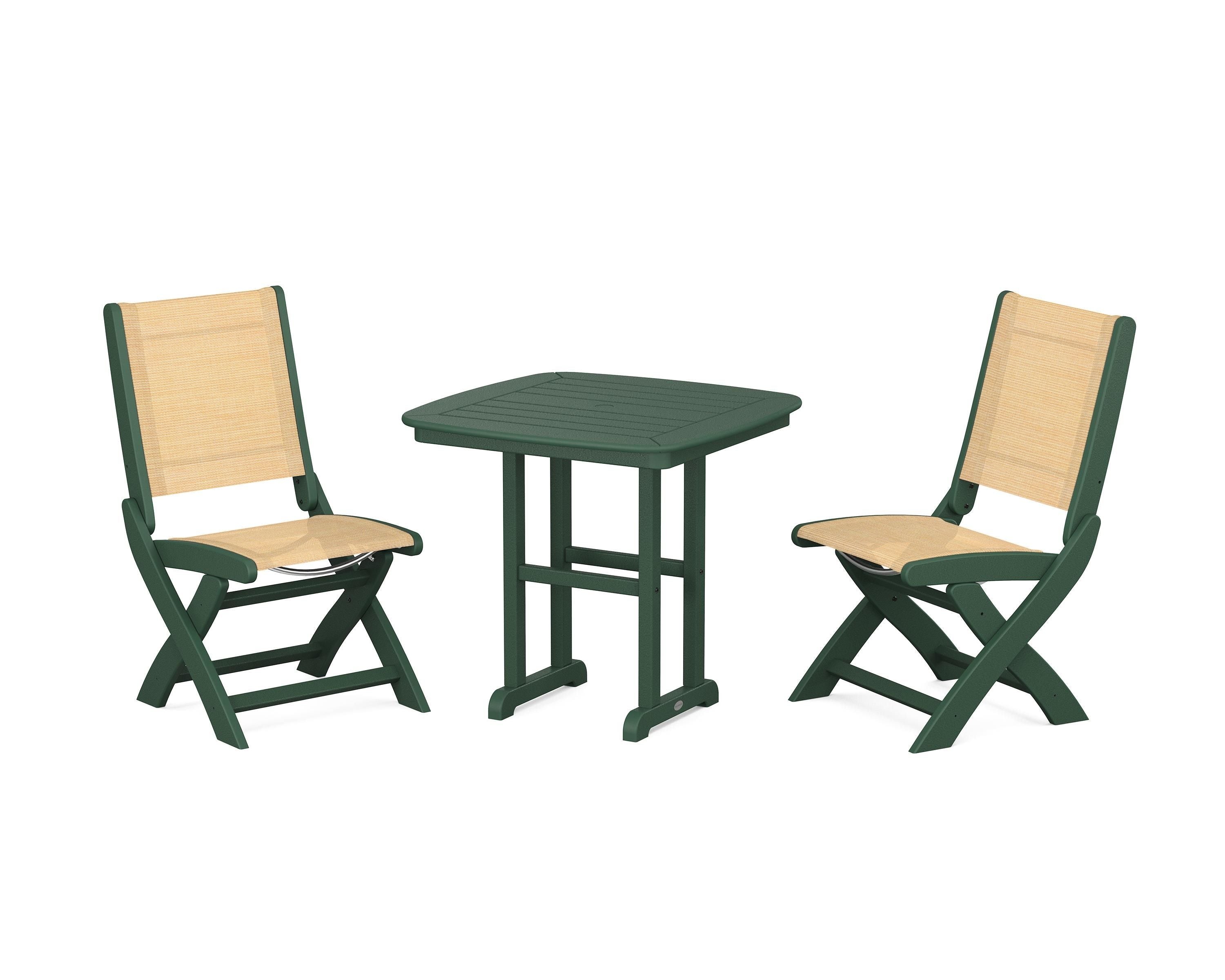 POLYWOOD® Coastal Folding Side Chair 3-Piece Dining Set in Green / Dupioni Apricot Sling