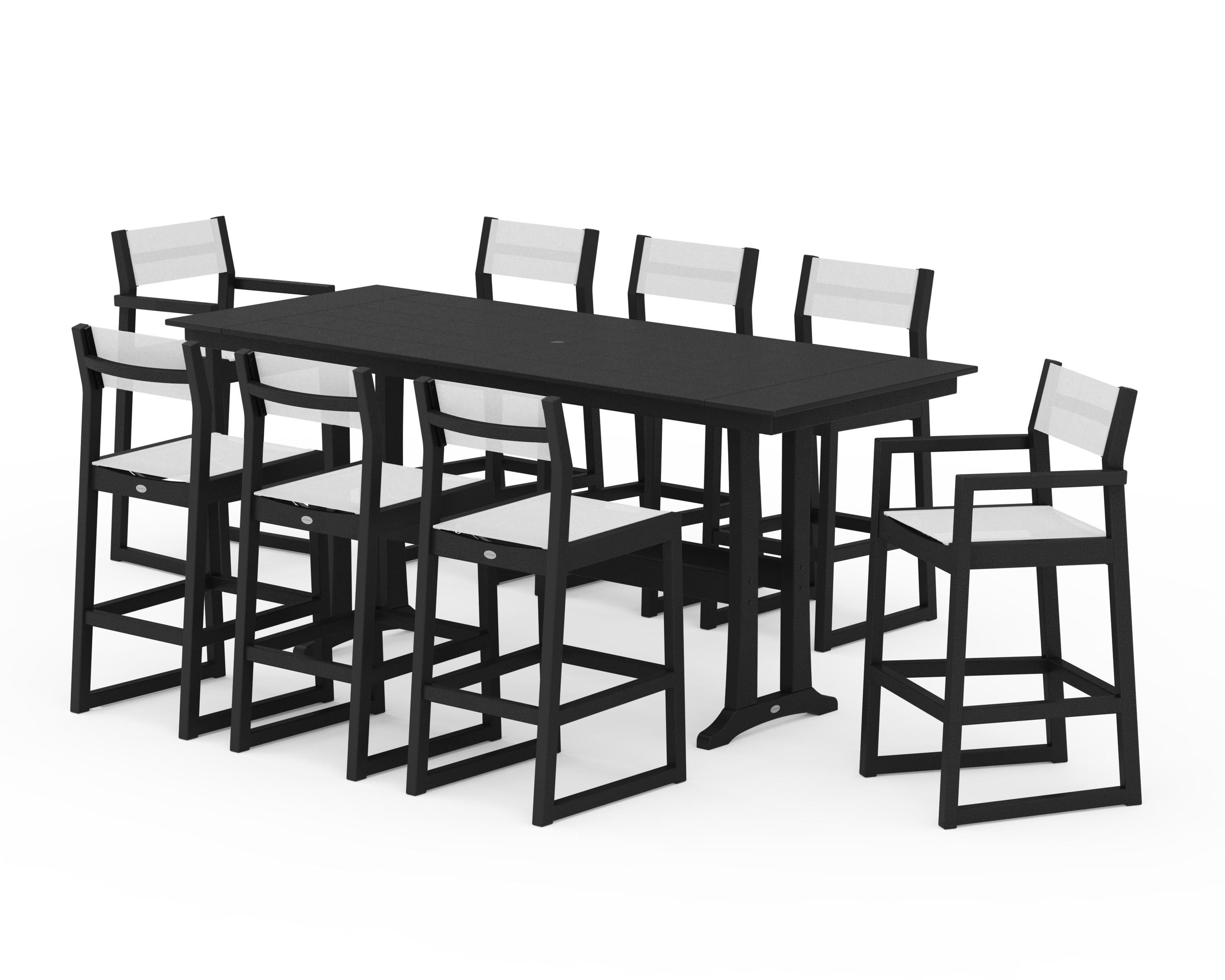 POLYWOOD® EDGE Sling 9-Piece Farmhouse Bar Set with Trestle Legs in Black / White Sling