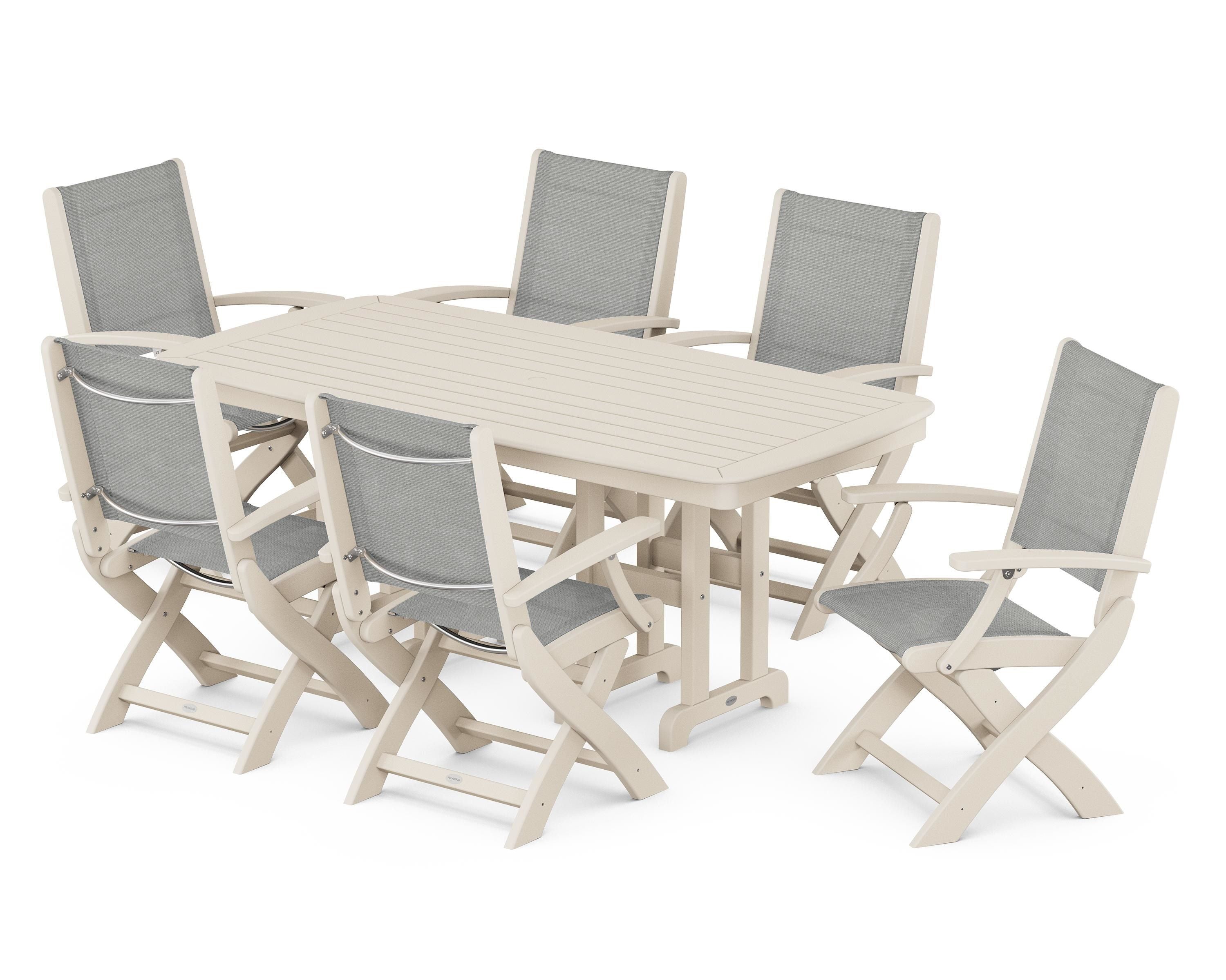 POLYWOOD® Coastal Folding Arm Chair 7-Piece Dining Set in Sand / Metallic Sling