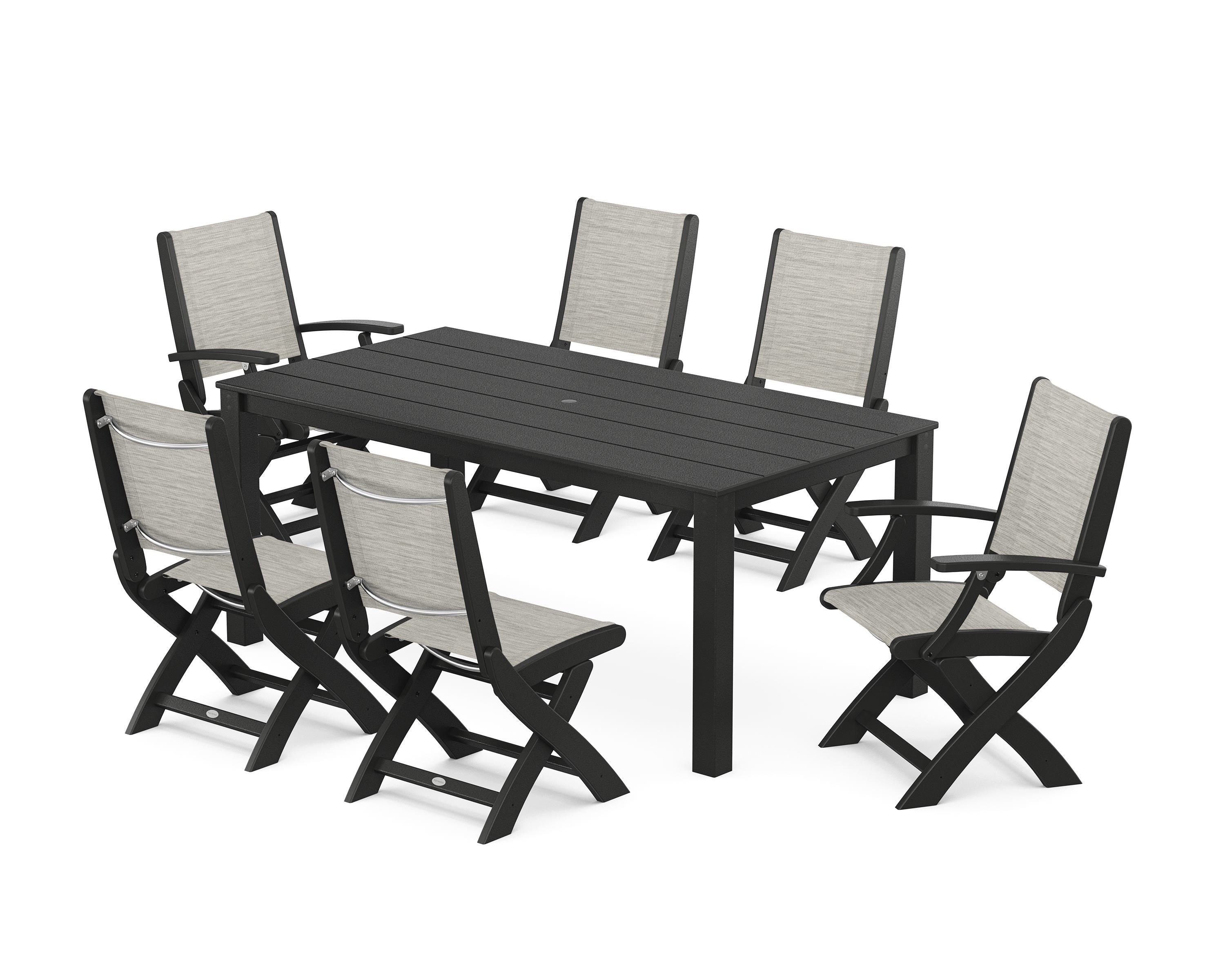 POLYWOOD® Coastal Folding Chair 7-Piece Parsons Dining Set in Black / Birch Sling