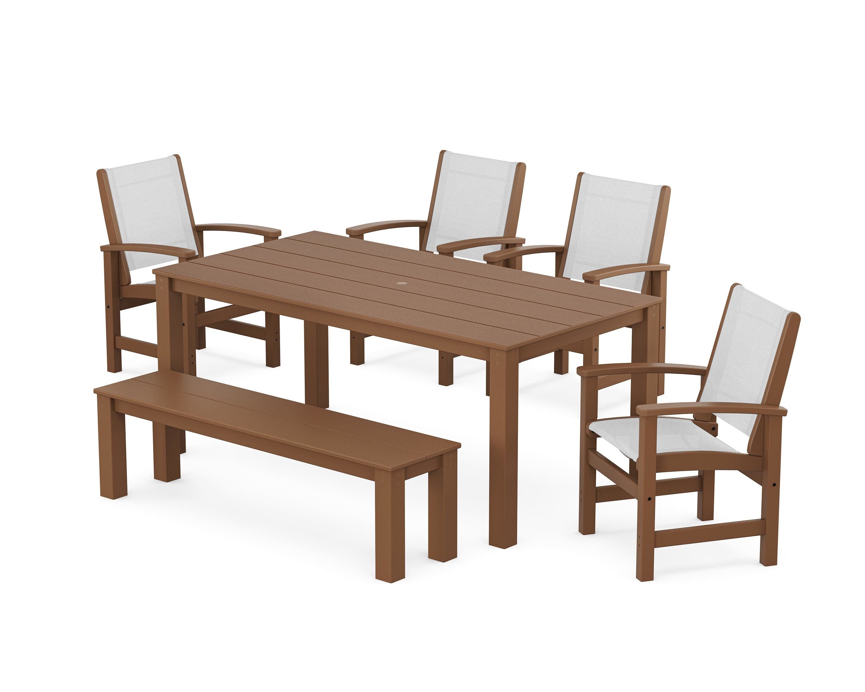 POLYWOOD® Coastal 6-Piece Parsons Dining Set with Bench in Teak / White Sling