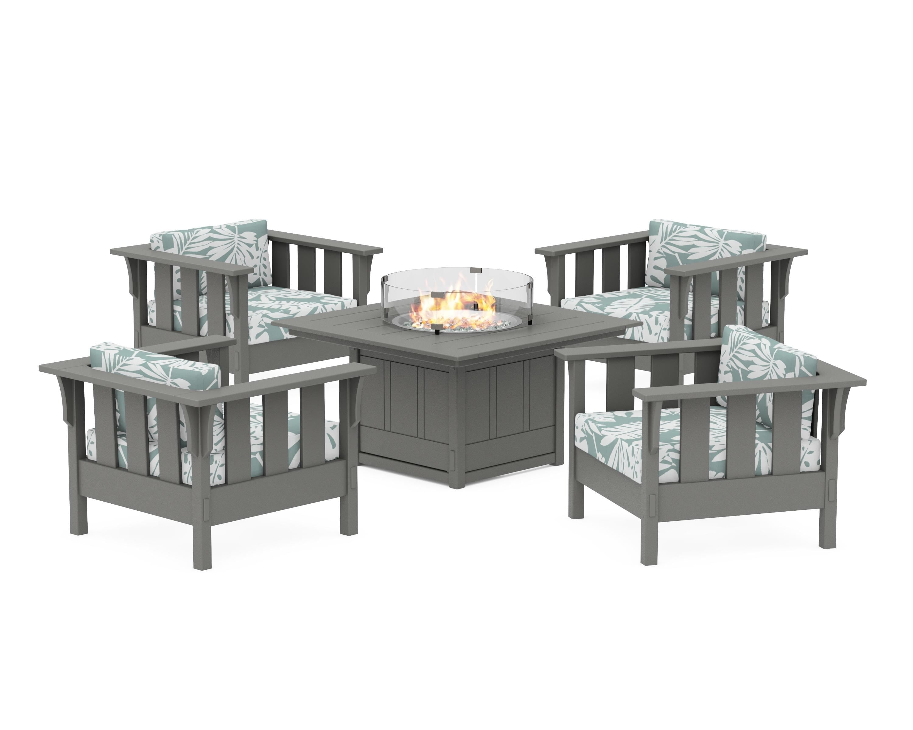 Martha Stewart by POLYWOOD® Acadia 5-Piece Deep Seating Set with Fire Pit Table in Slate Grey / Leaf Glacier Spa