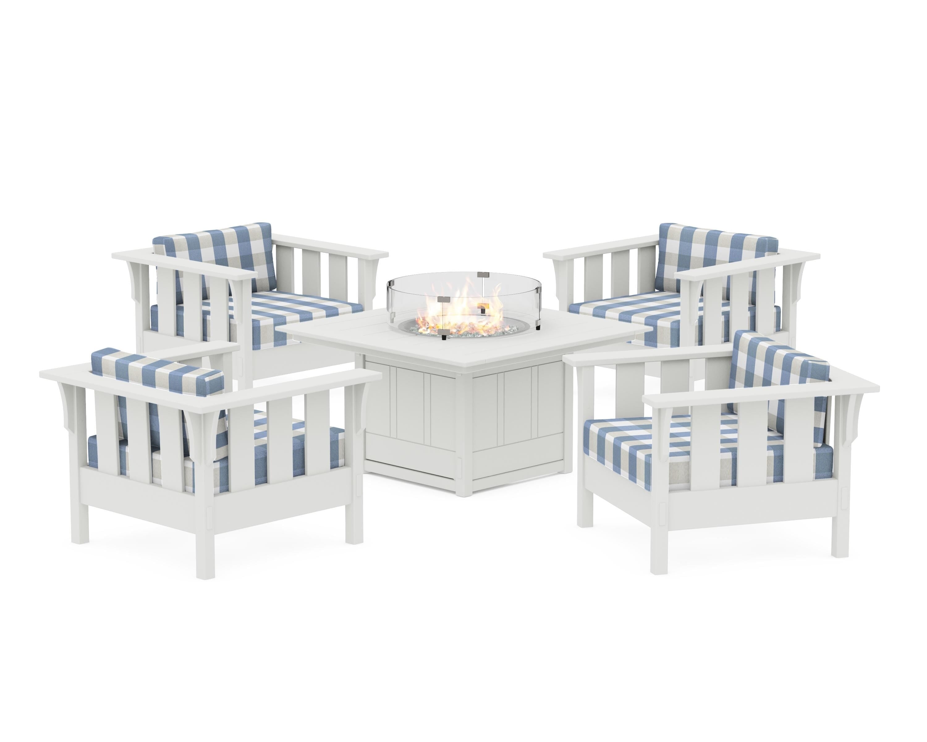 Martha Stewart by POLYWOOD® Acadia 5-Piece Deep Seating Set with Fire Pit Table in White / Buffalo Plaid Sky Blue
